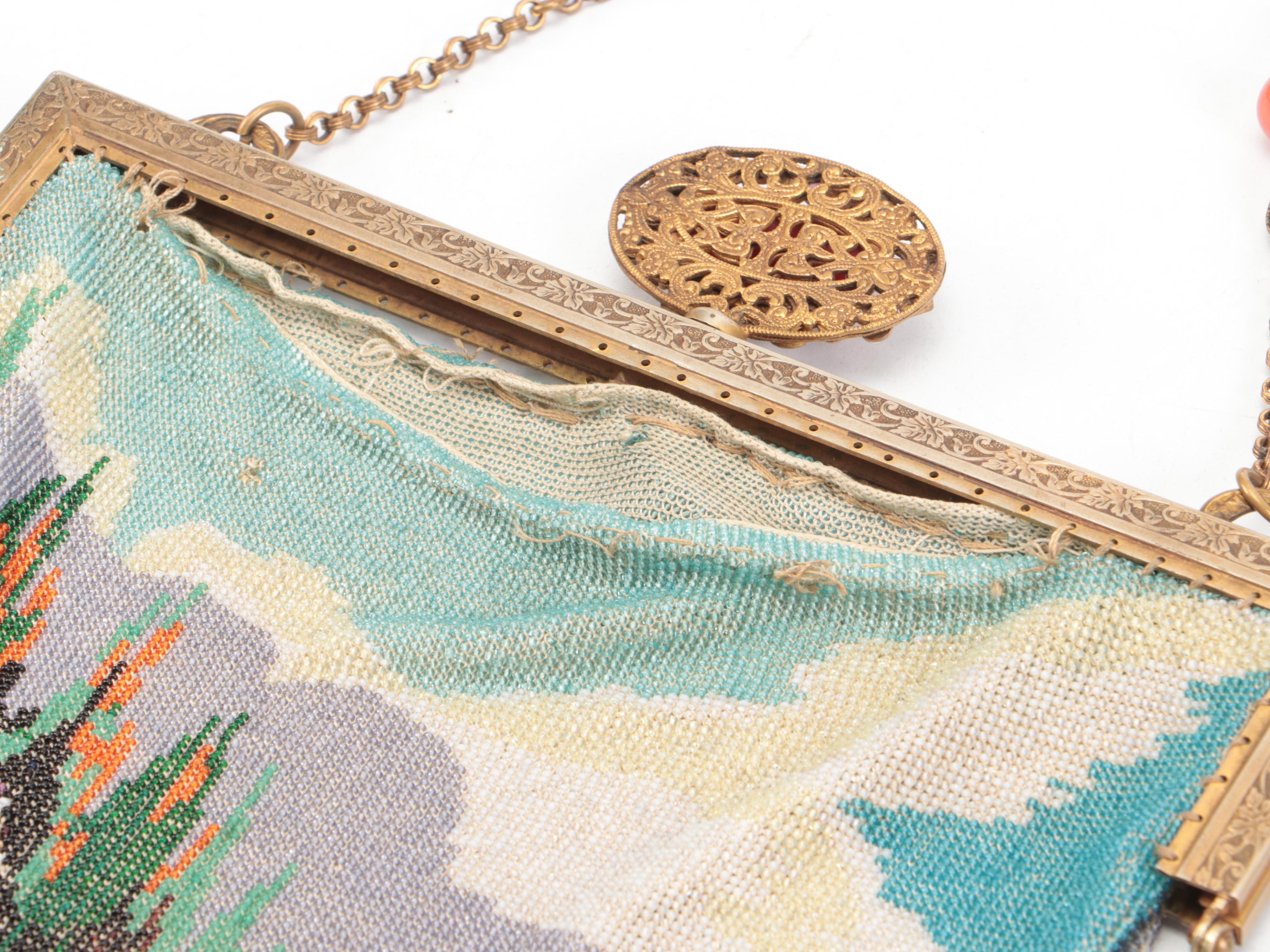 Neoclassical Glass Bead Garden Mosaic Evening Purse with Enameled Frame