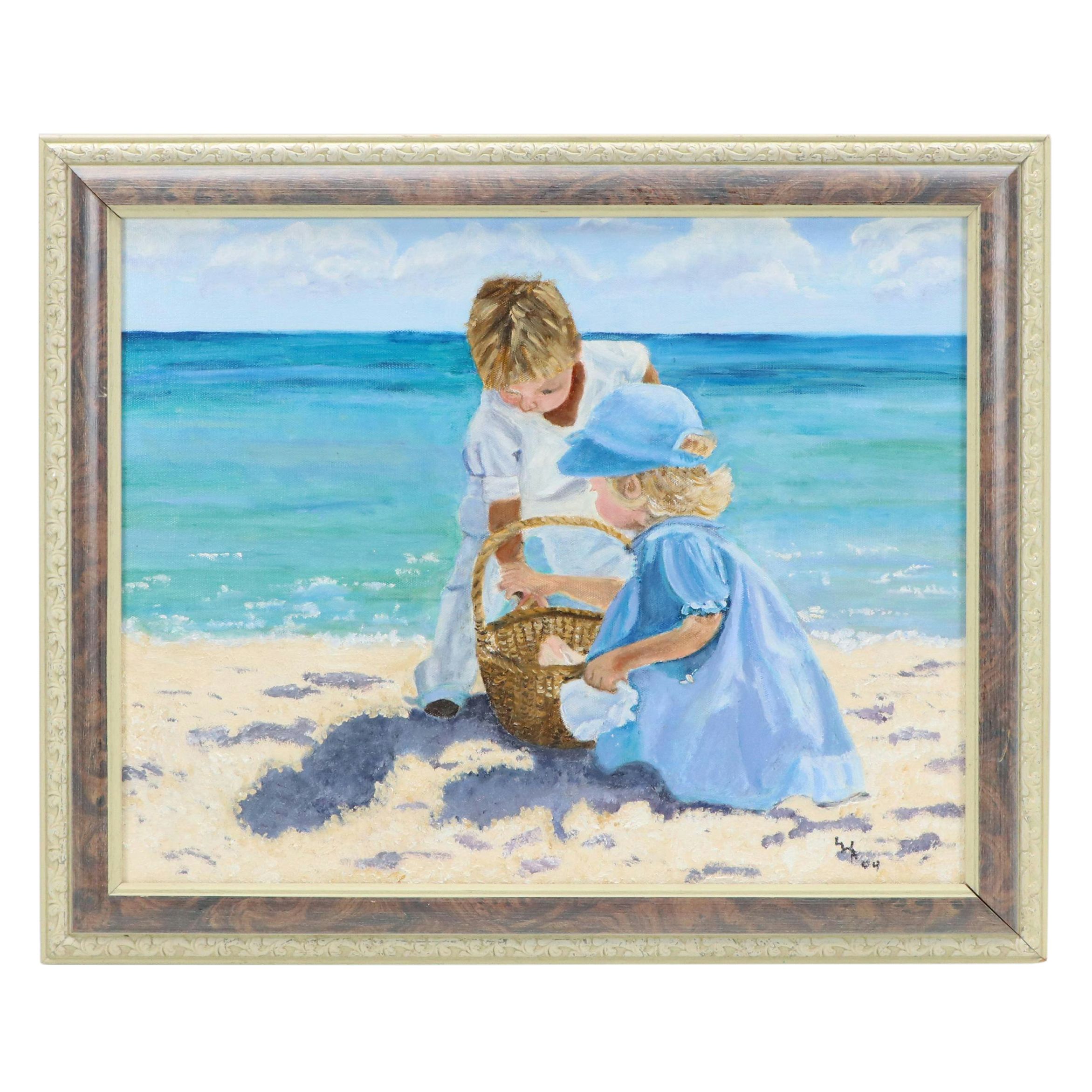 Beach Scene with Two Children Oil Painting, 2004