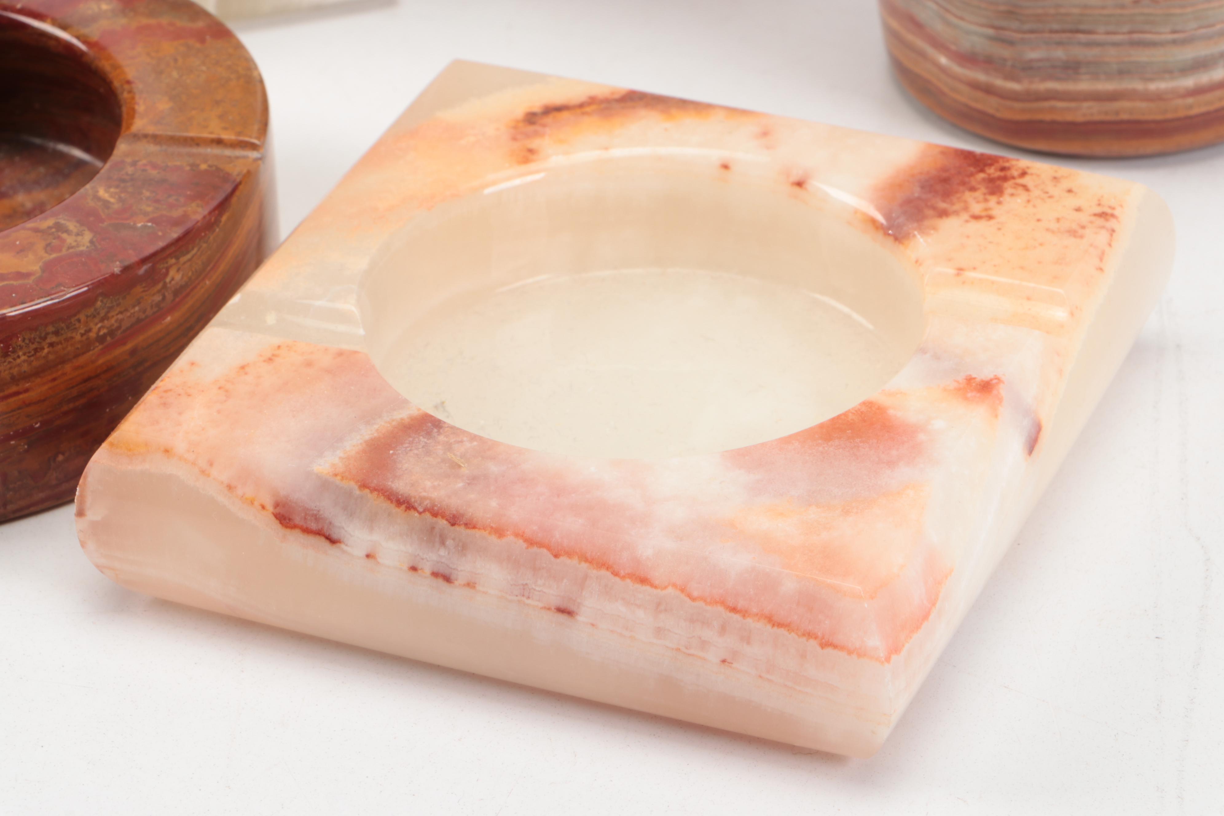 Banded Calcite Bookends and Ashtray with Calcite Marble Vase and Jasper Ashtray