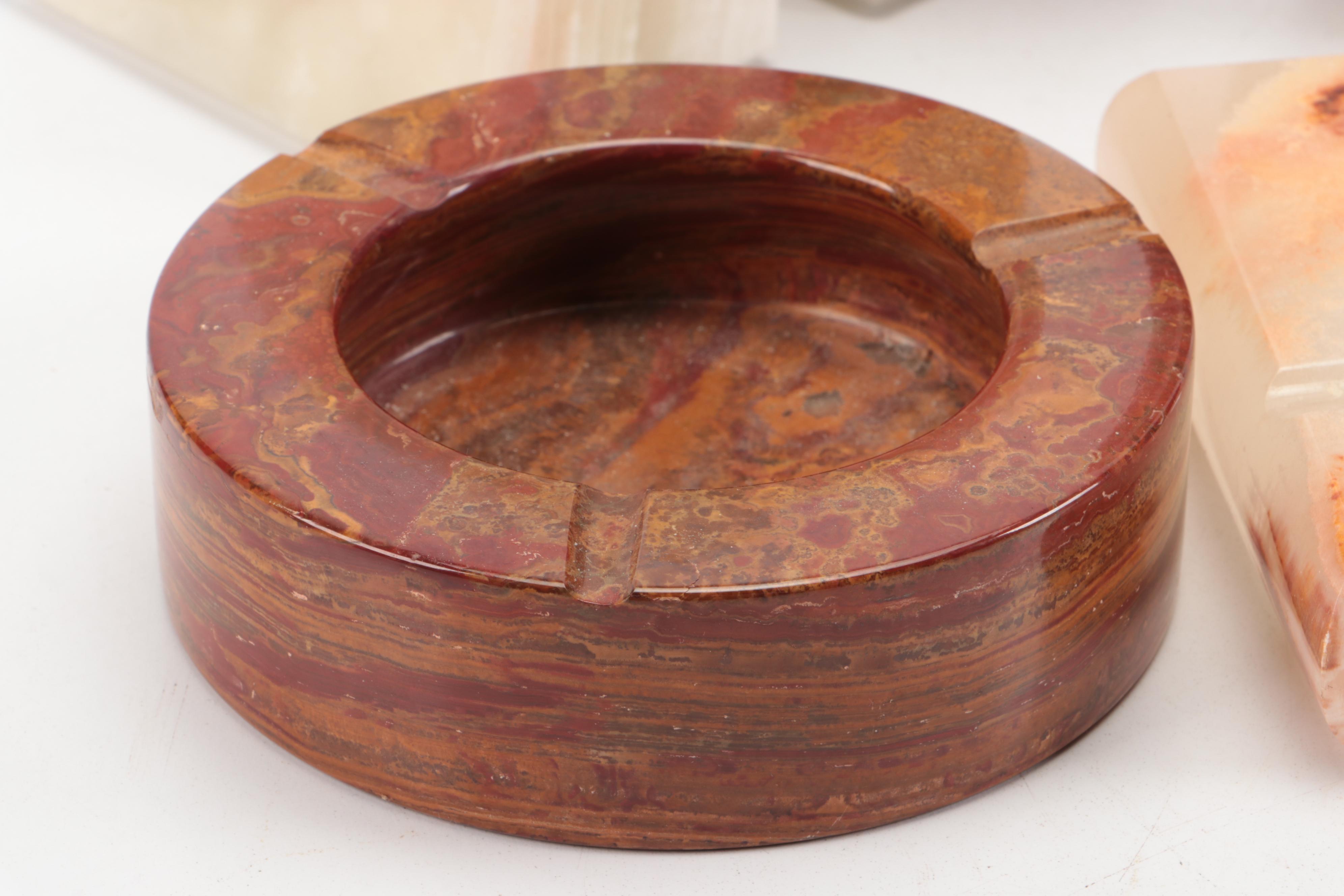 Banded Calcite Bookends and Ashtray with Calcite Marble Vase and Jasper Ashtray