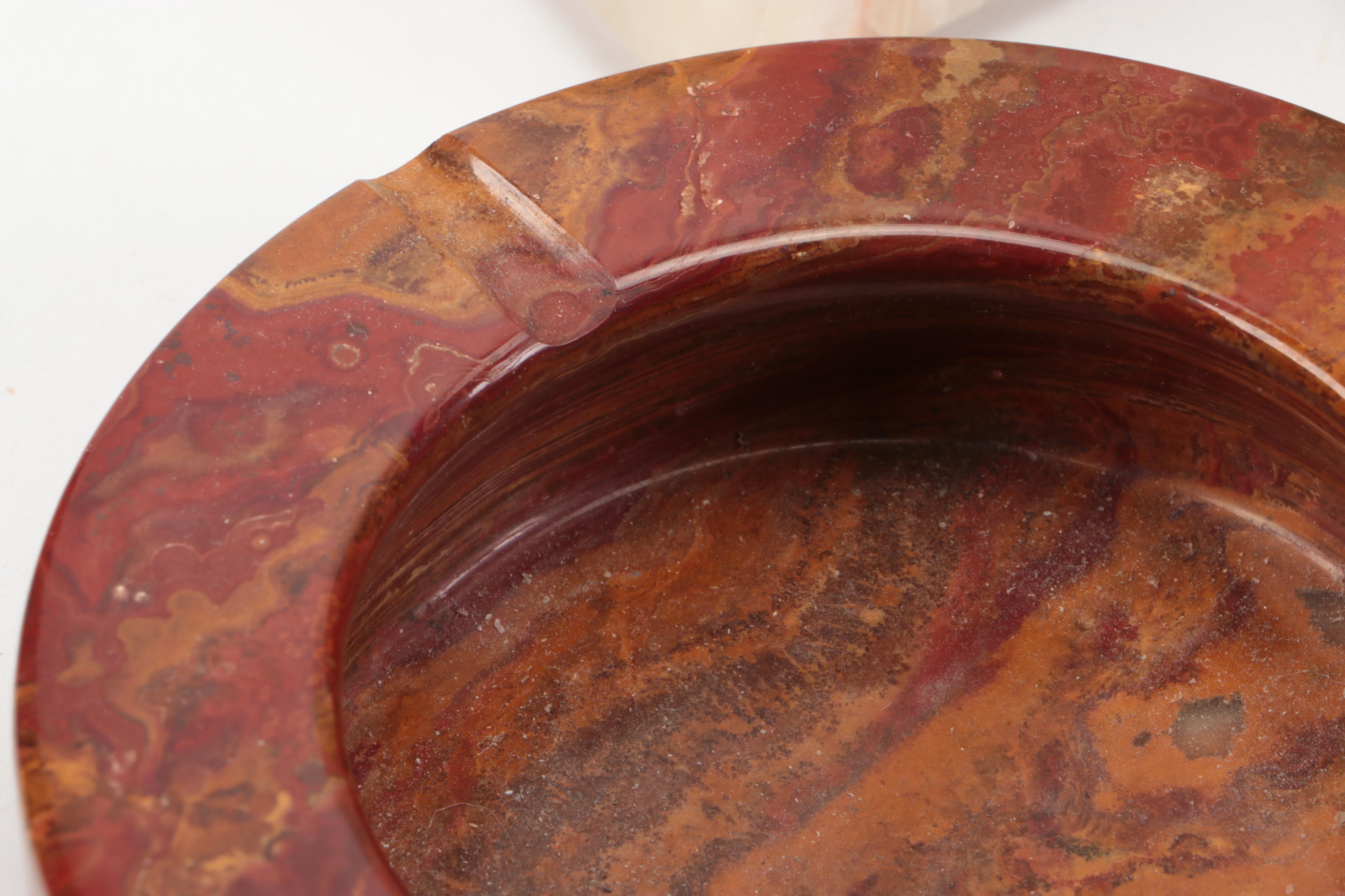 Banded Calcite Bookends and Ashtray with Calcite Marble Vase and Jasper Ashtray