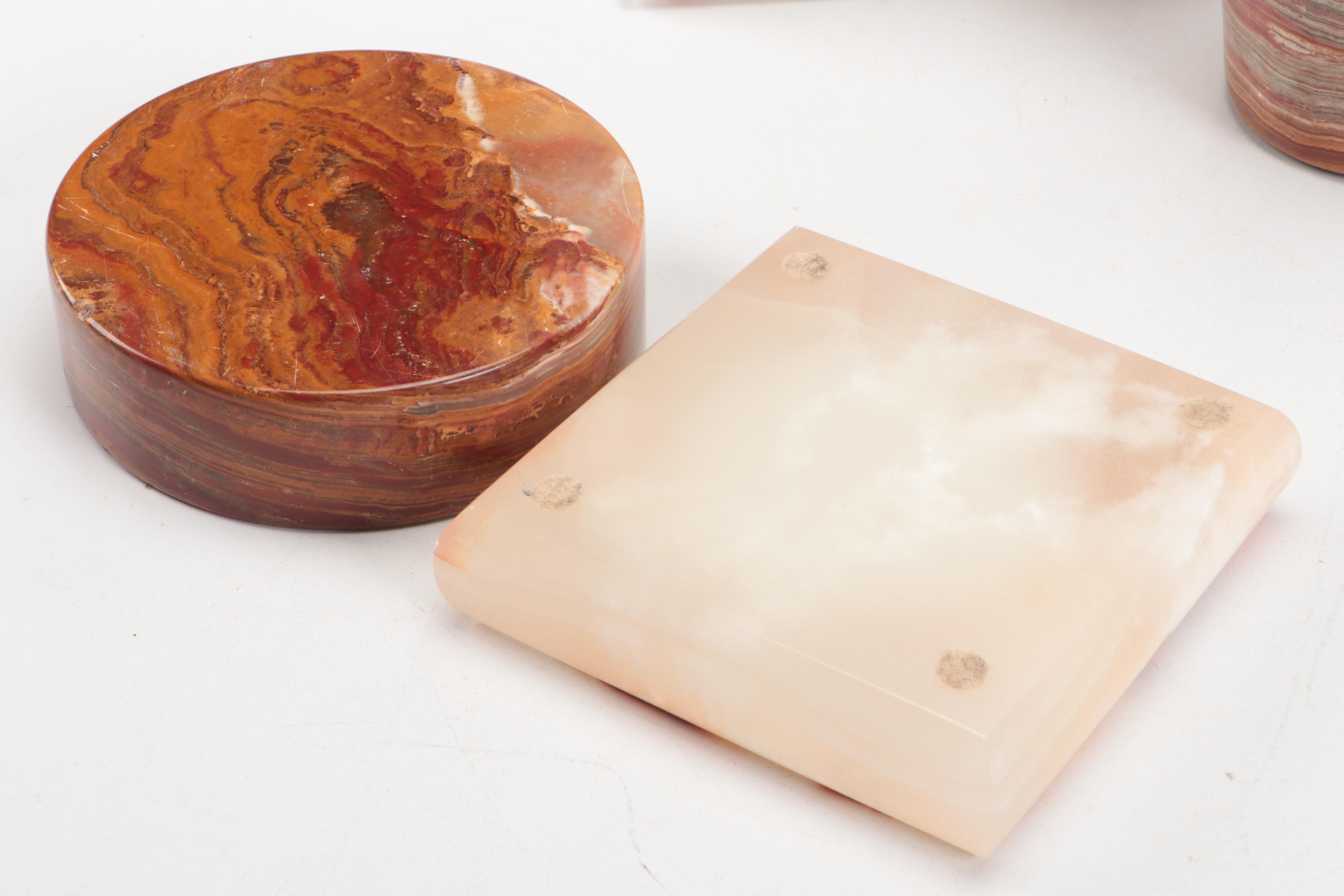 Banded Calcite Bookends and Ashtray with Calcite Marble Vase and Jasper Ashtray