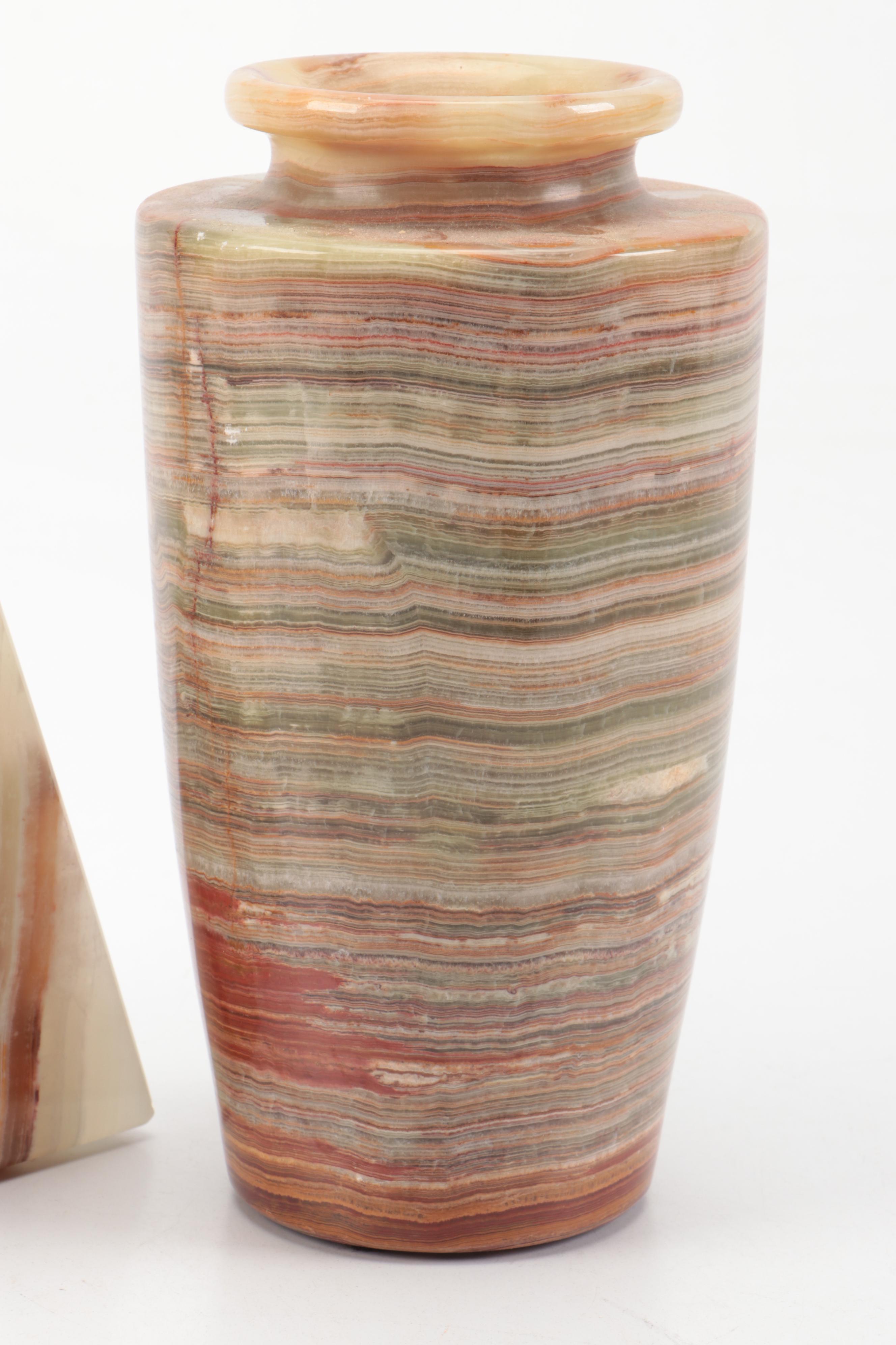 Banded Calcite Bookends and Ashtray with Calcite Marble Vase and Jasper Ashtray