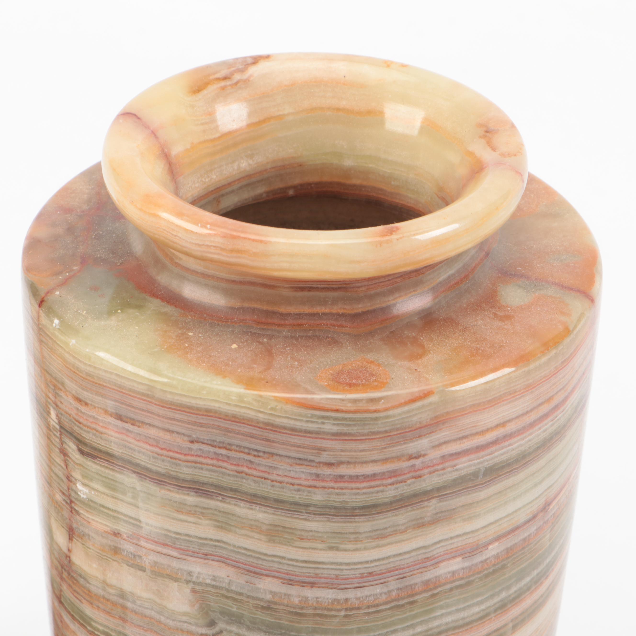 Banded Calcite Bookends and Ashtray with Calcite Marble Vase and Jasper Ashtray