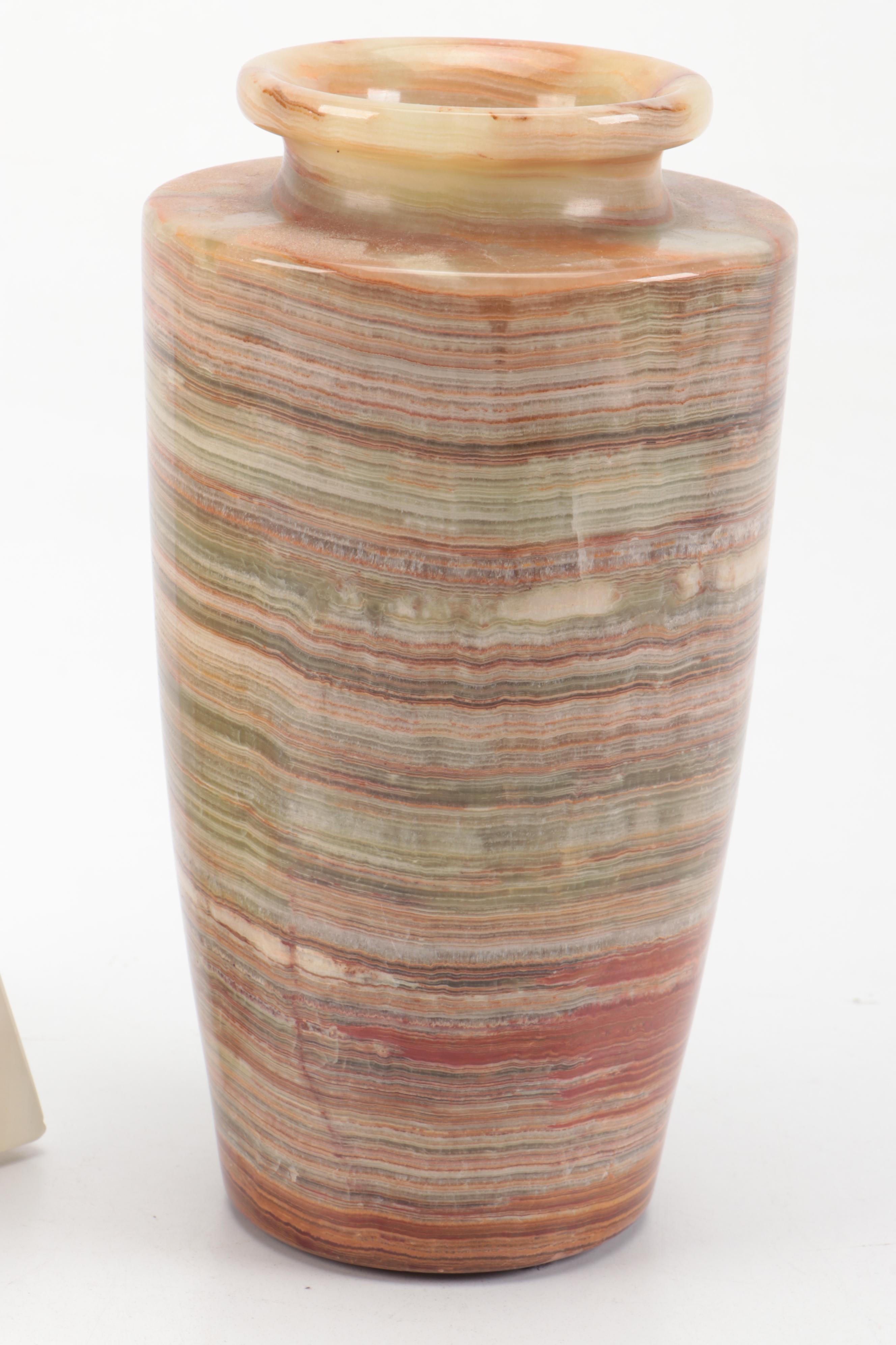 Banded Calcite Bookends and Ashtray with Calcite Marble Vase and Jasper Ashtray