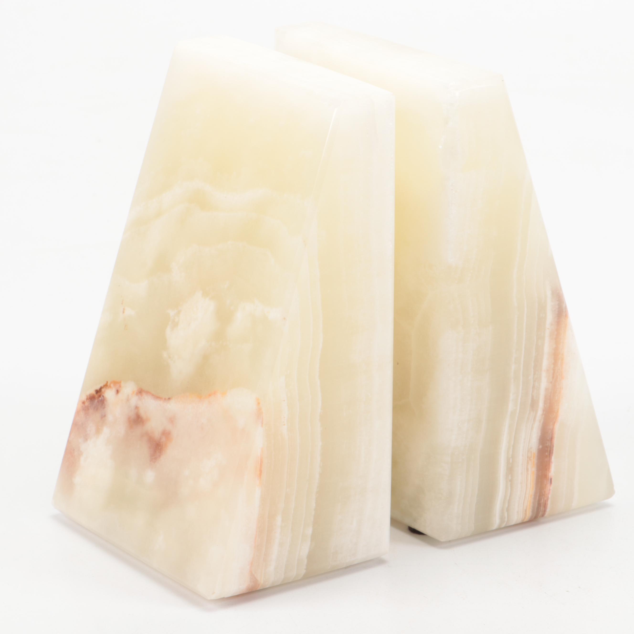 Banded Calcite Bookends and Ashtray with Calcite Marble Vase and Jasper Ashtray