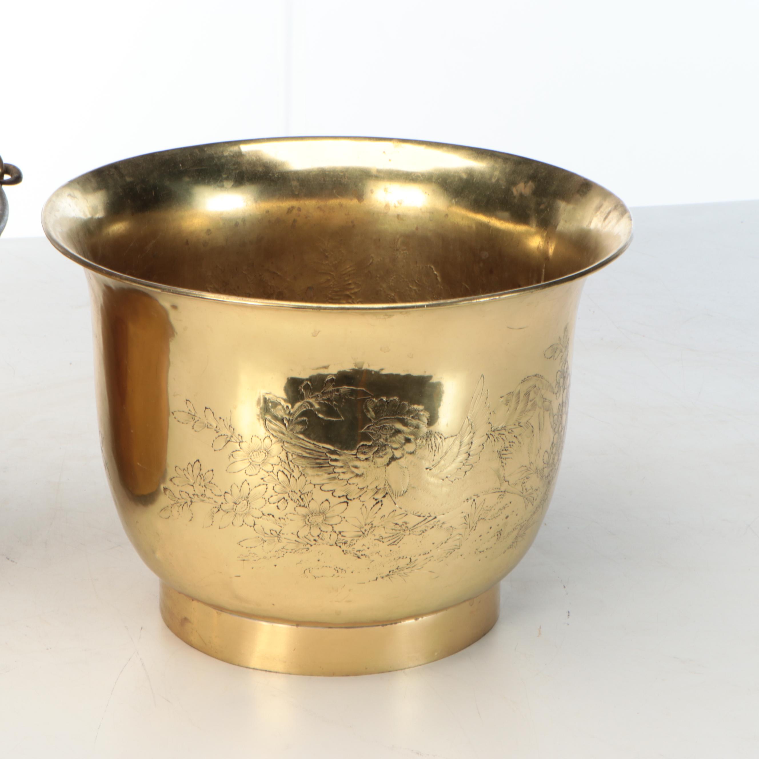 Etched Rooster and Other Brass Buckets
