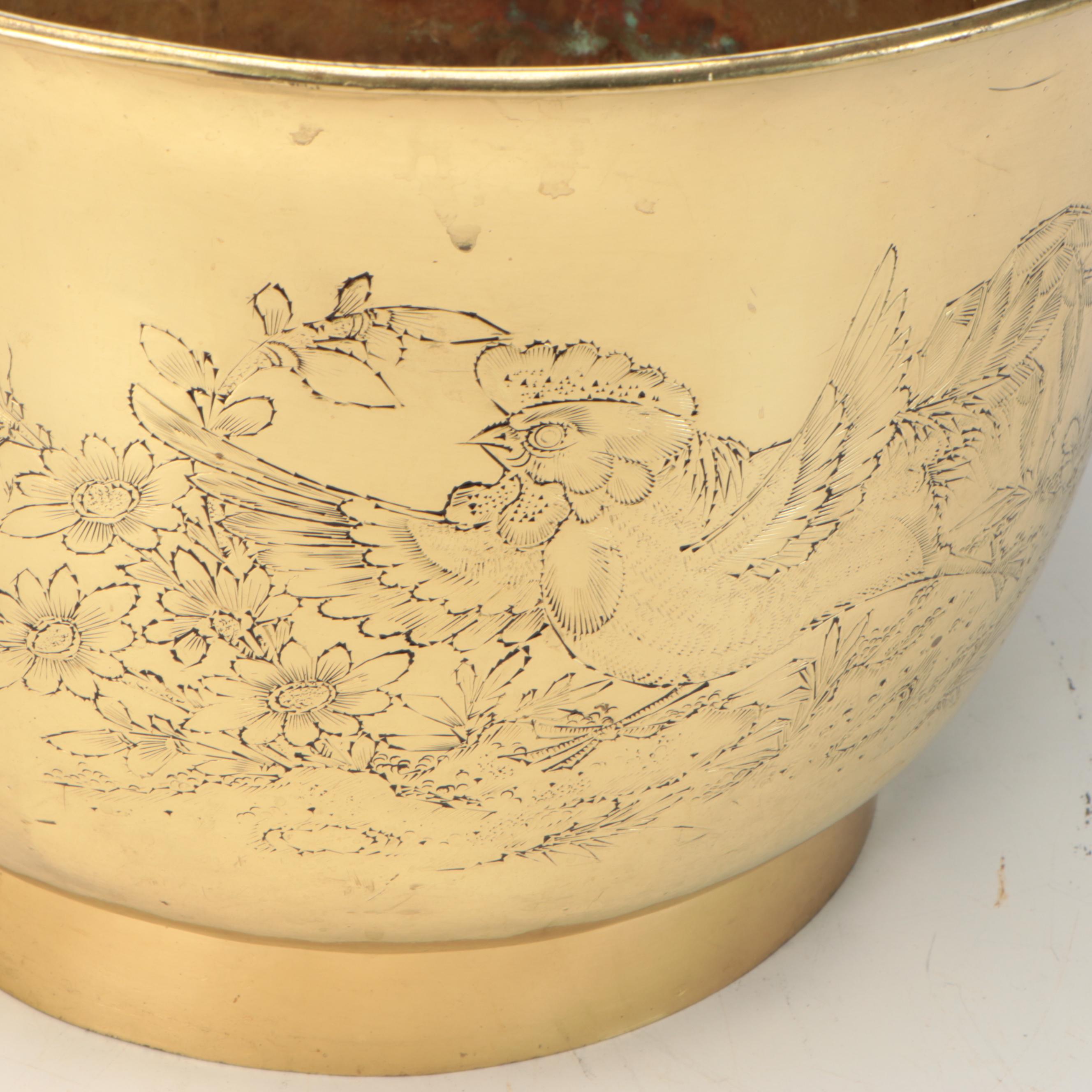 Etched Rooster and Other Brass Buckets