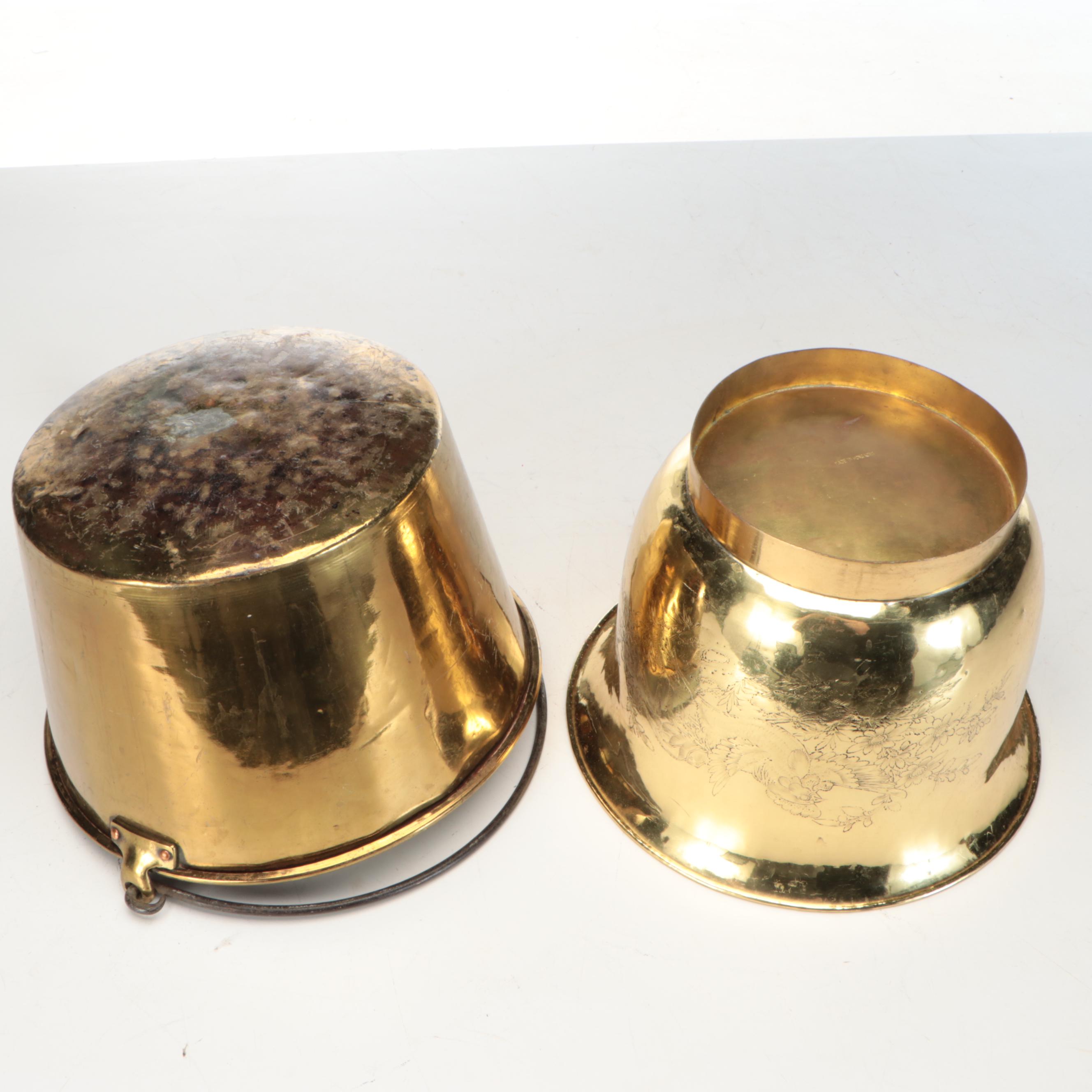 Etched Rooster and Other Brass Buckets