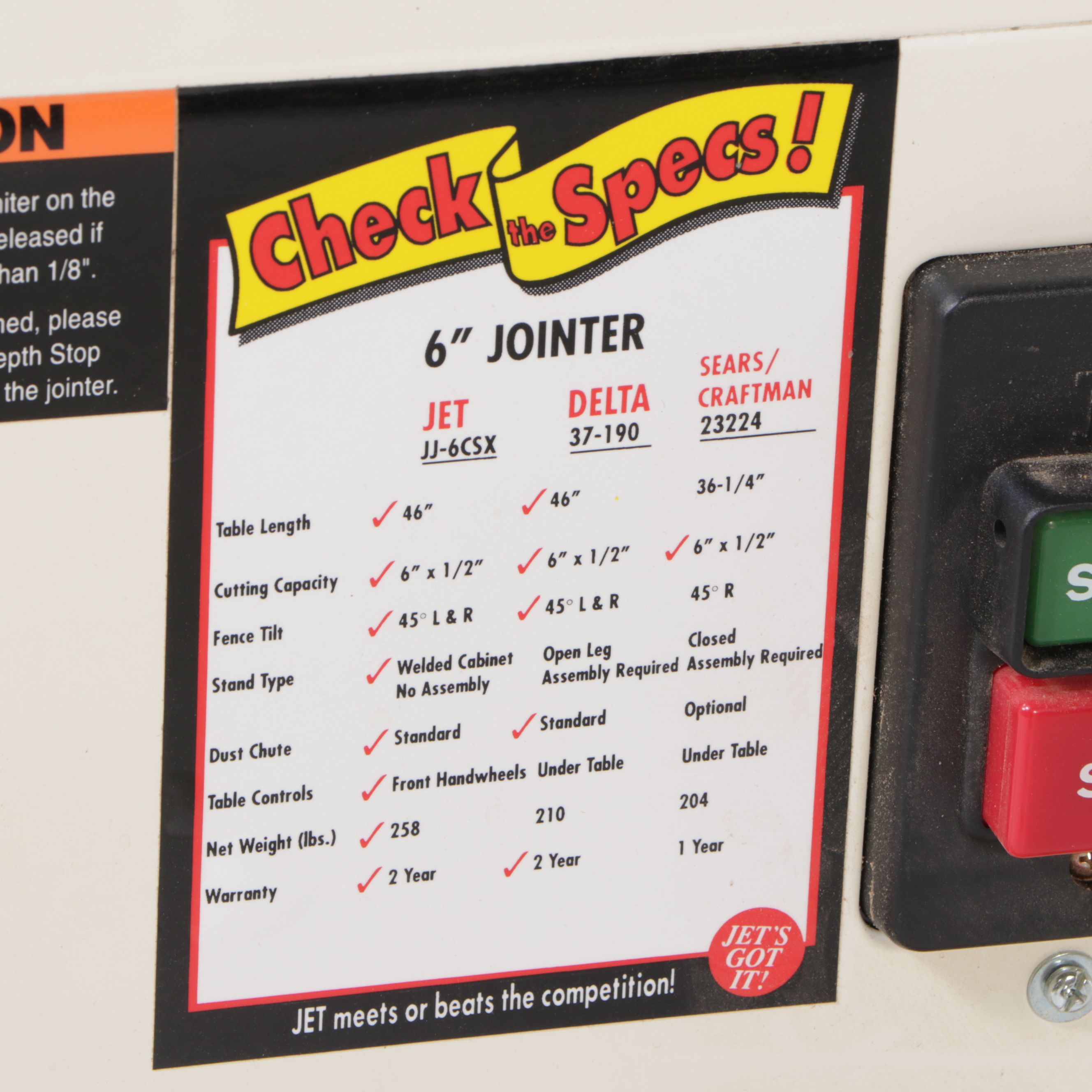 JET Long Bed 6" Woodworking Jointer with Hose for Dust Collector