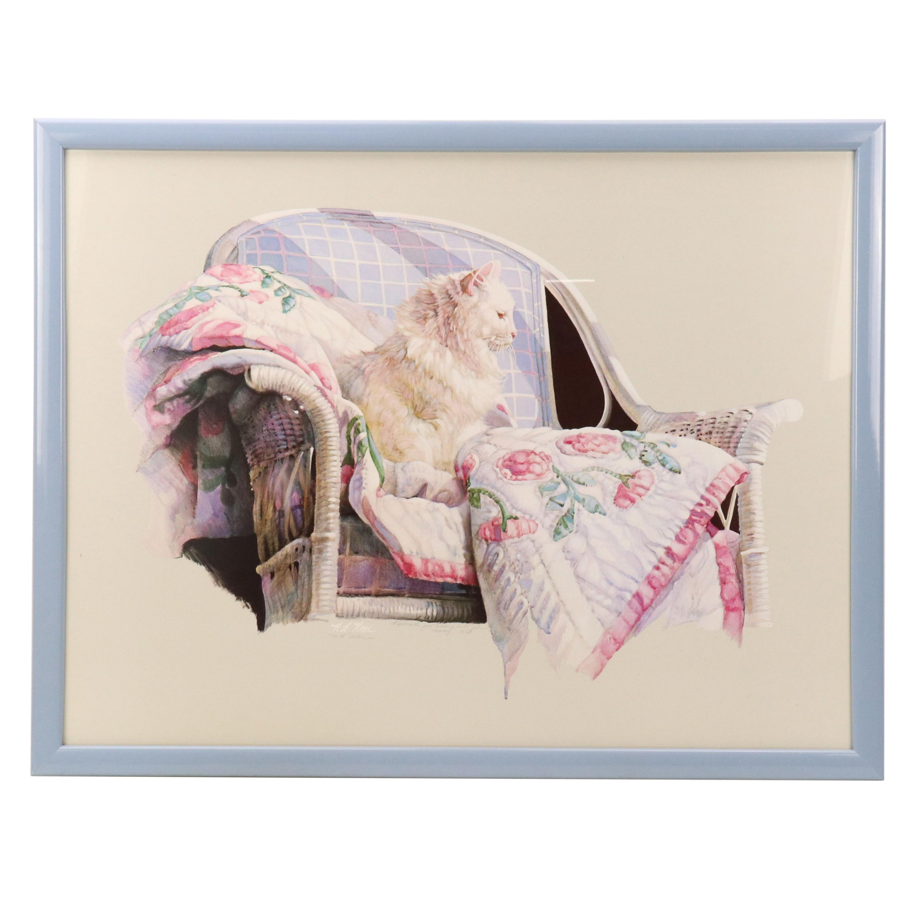 Nancy A. Noël Offset Lithograph of White Cat on Quilt, 1983