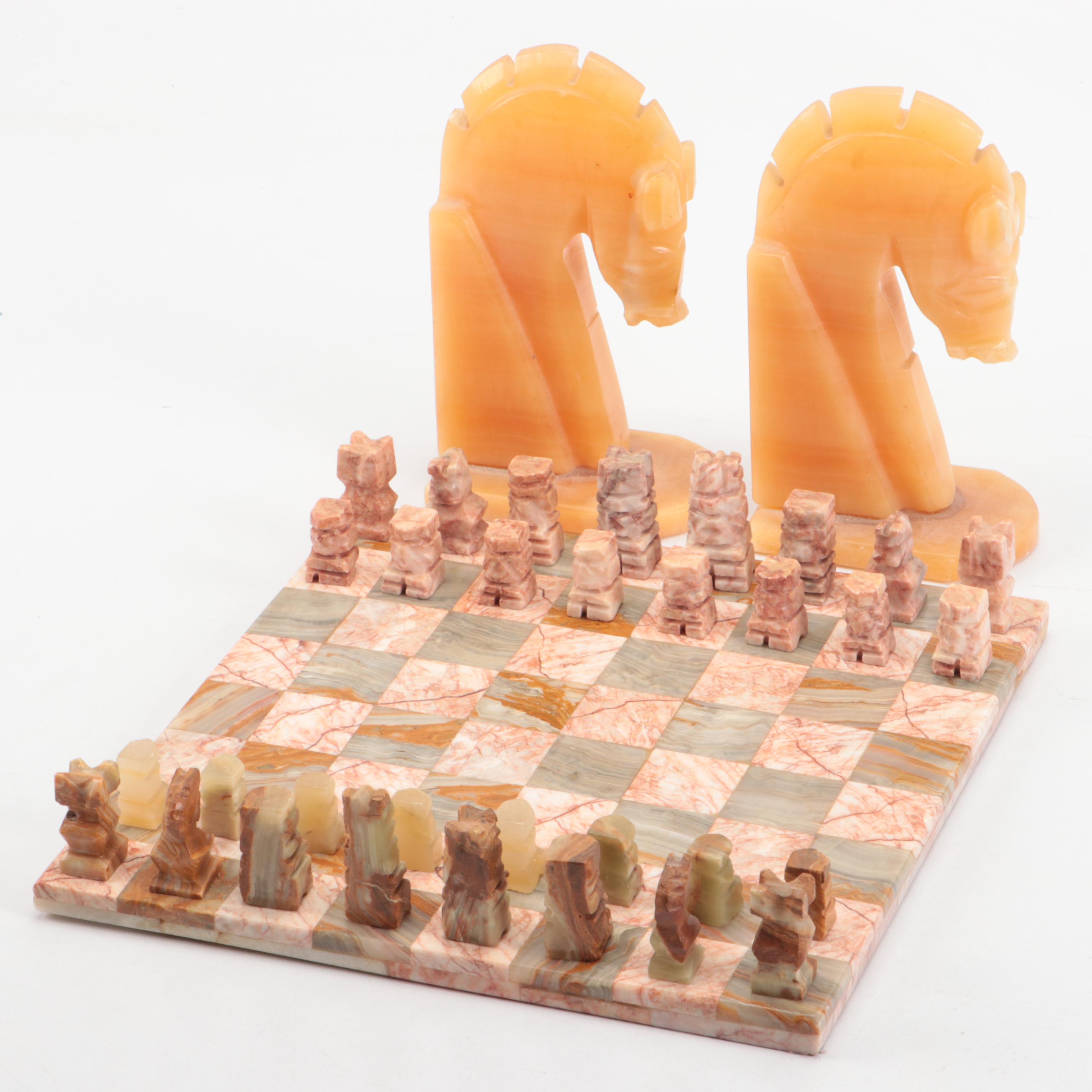 Horse Head Bookends with Calcite and Marble Chess Set