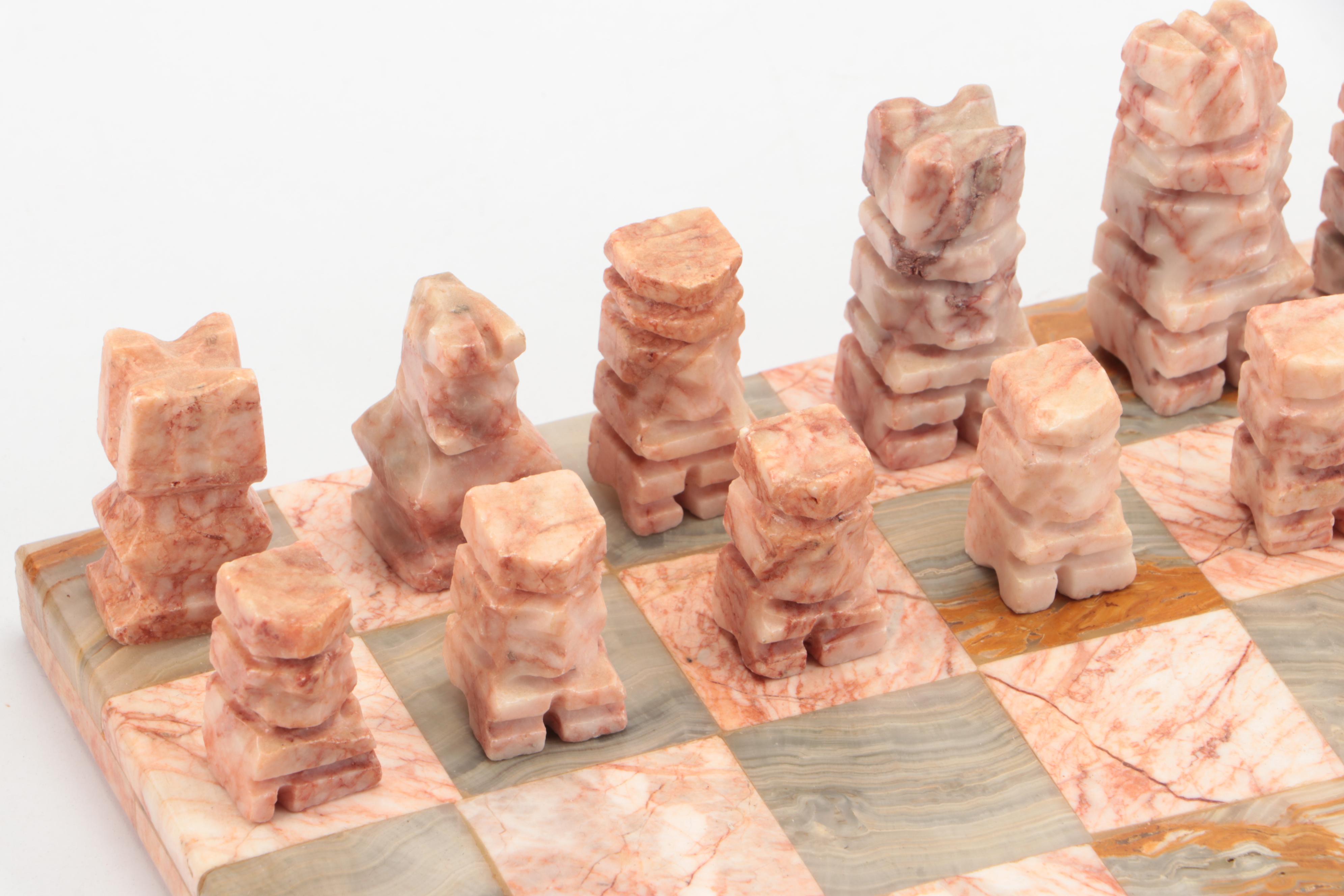 Horse Head Bookends with Calcite and Marble Chess Set