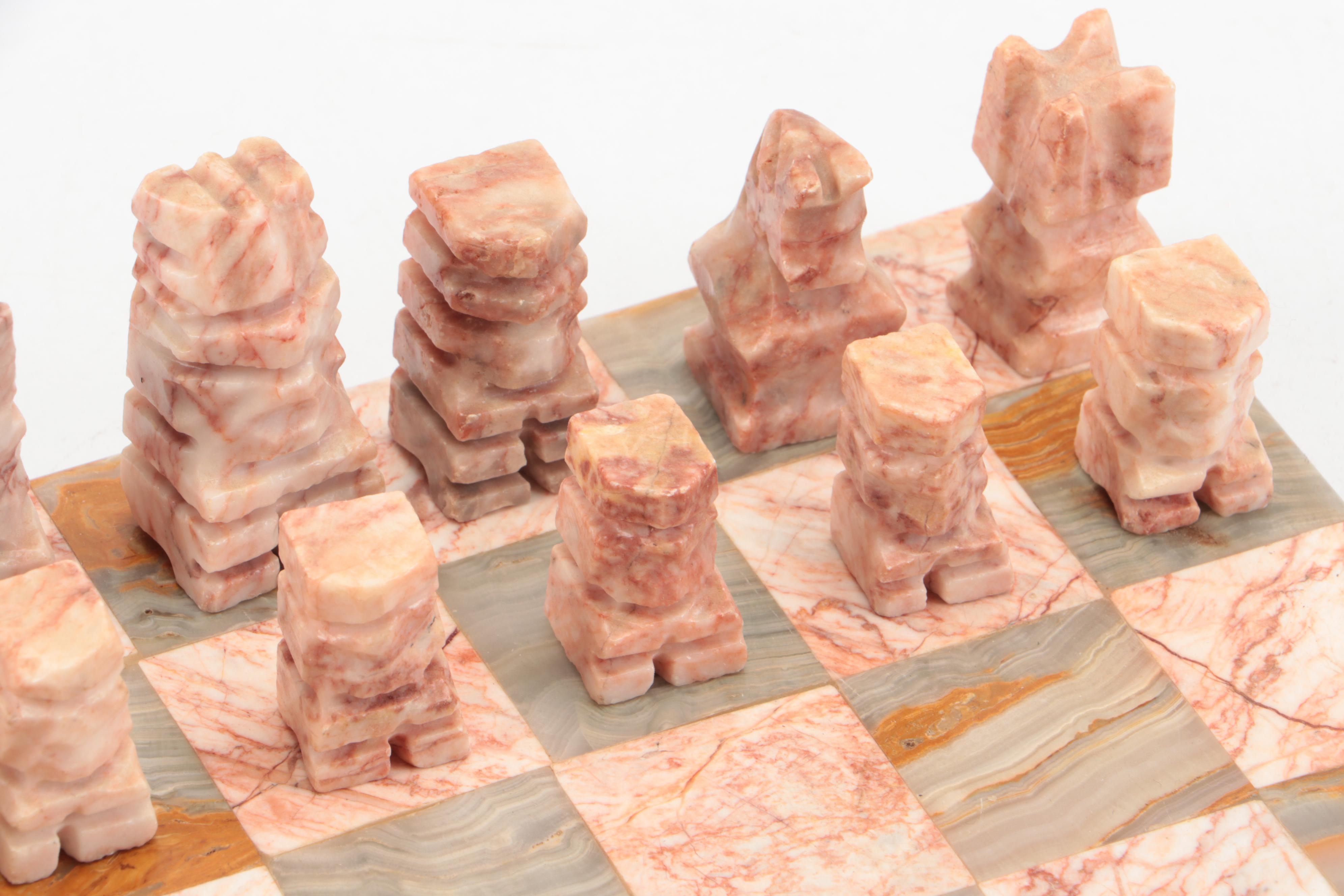 Horse Head Bookends with Calcite and Marble Chess Set