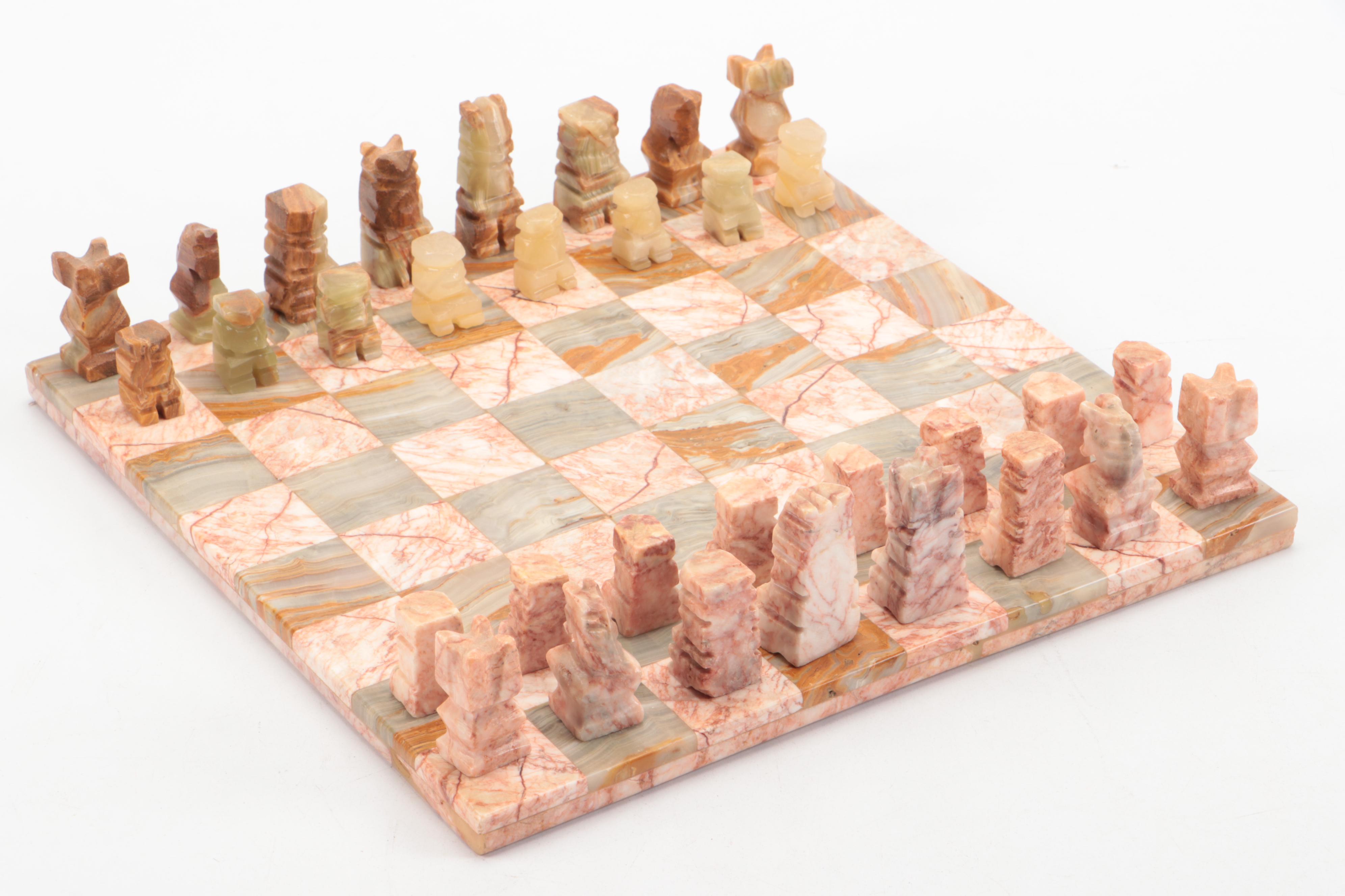 Horse Head Bookends with Calcite and Marble Chess Set