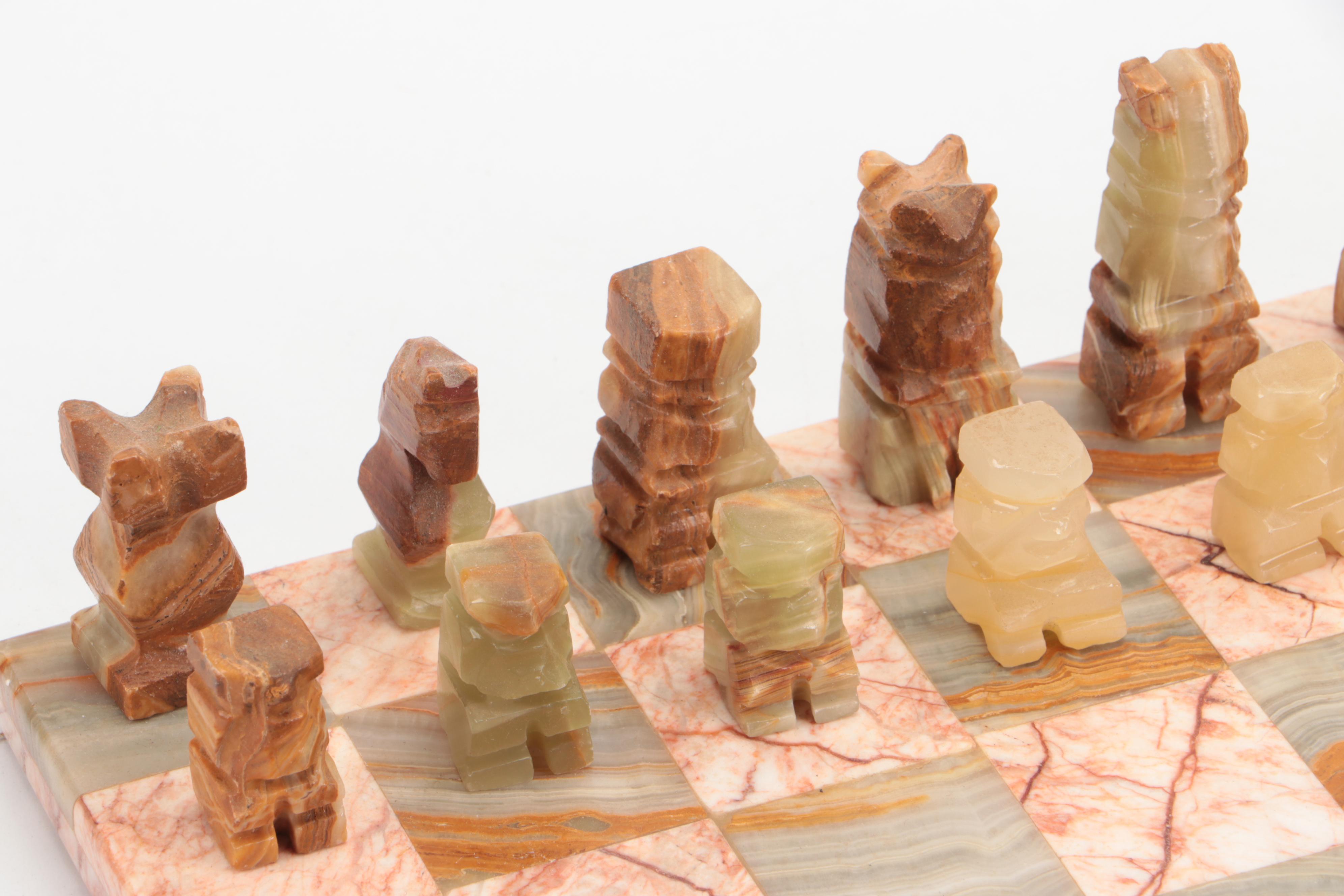 Horse Head Bookends with Calcite and Marble Chess Set