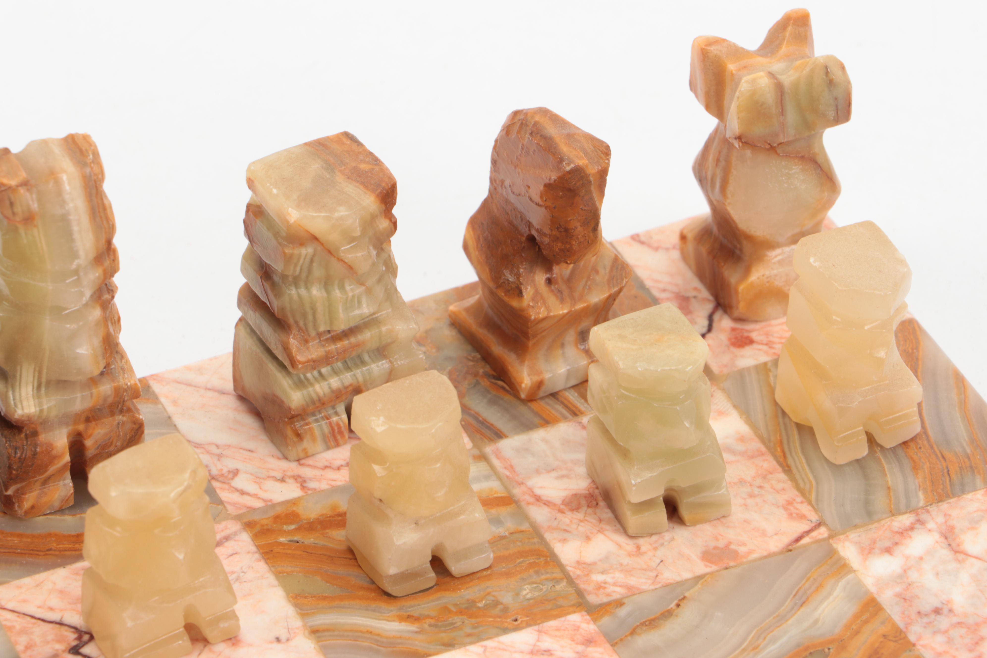 Horse Head Bookends with Calcite and Marble Chess Set