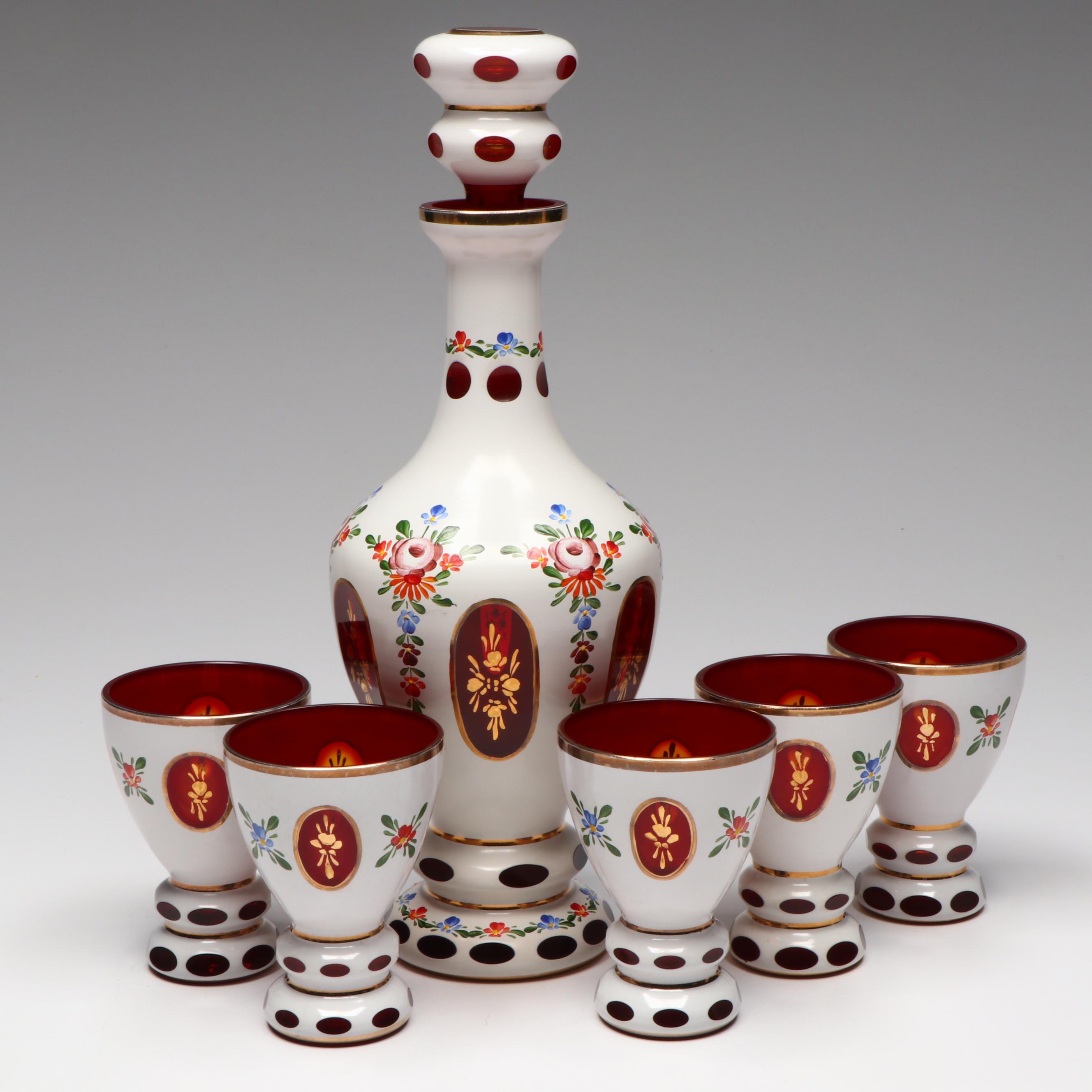 Bohemian Style Hand-Painted White Cut to Red Glass Decanter and Cups