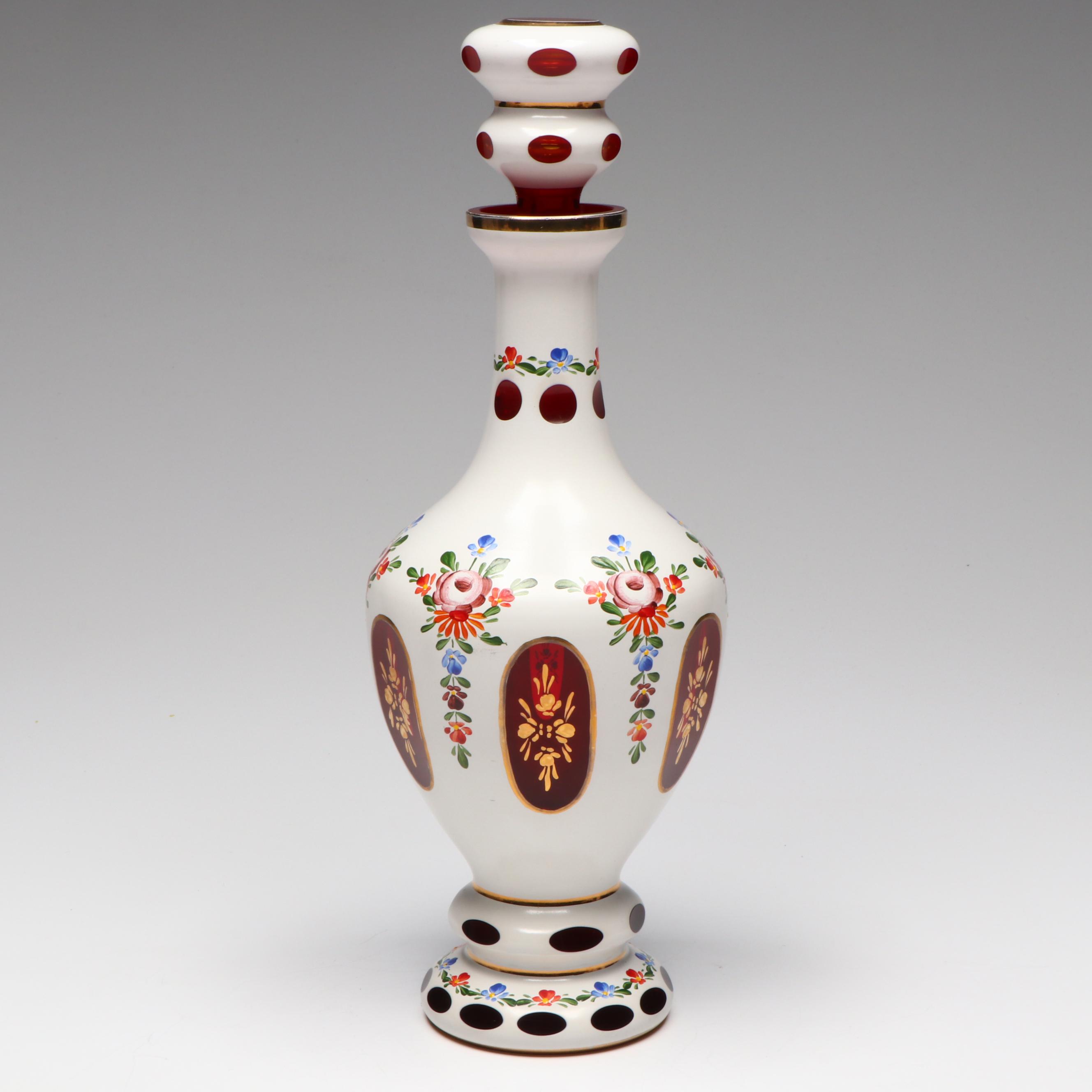 Bohemian Style Hand-Painted White Cut to Red Glass Decanter and Cups