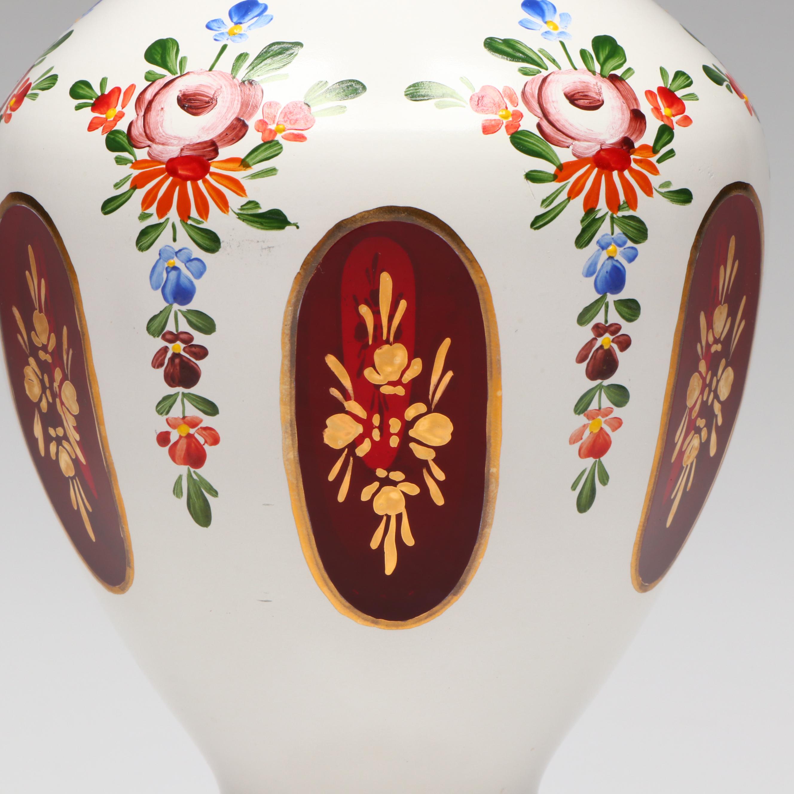 Bohemian Style Hand-Painted White Cut to Red Glass Decanter and Cups