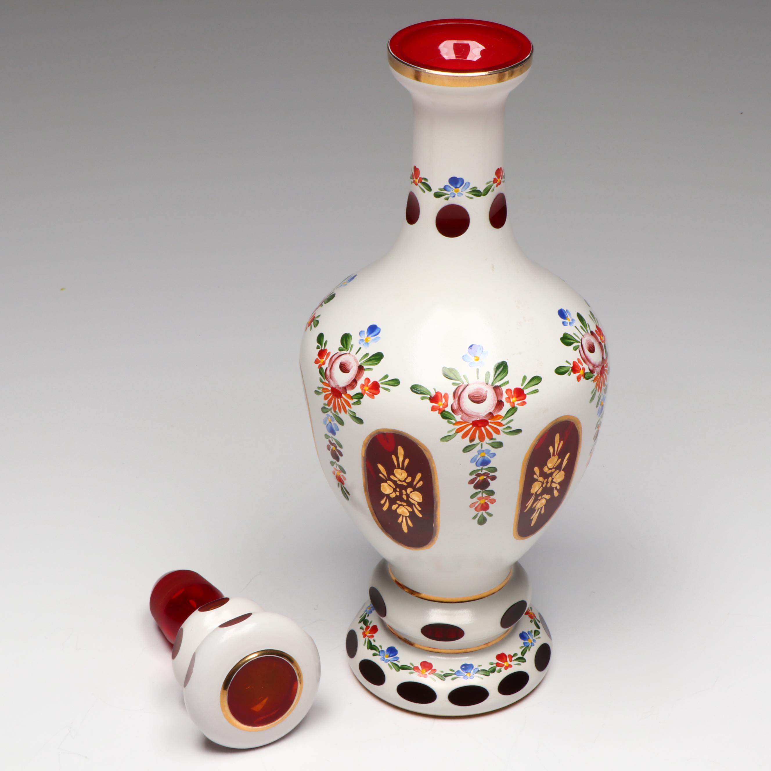 Bohemian Style Hand-Painted White Cut to Red Glass Decanter and Cups