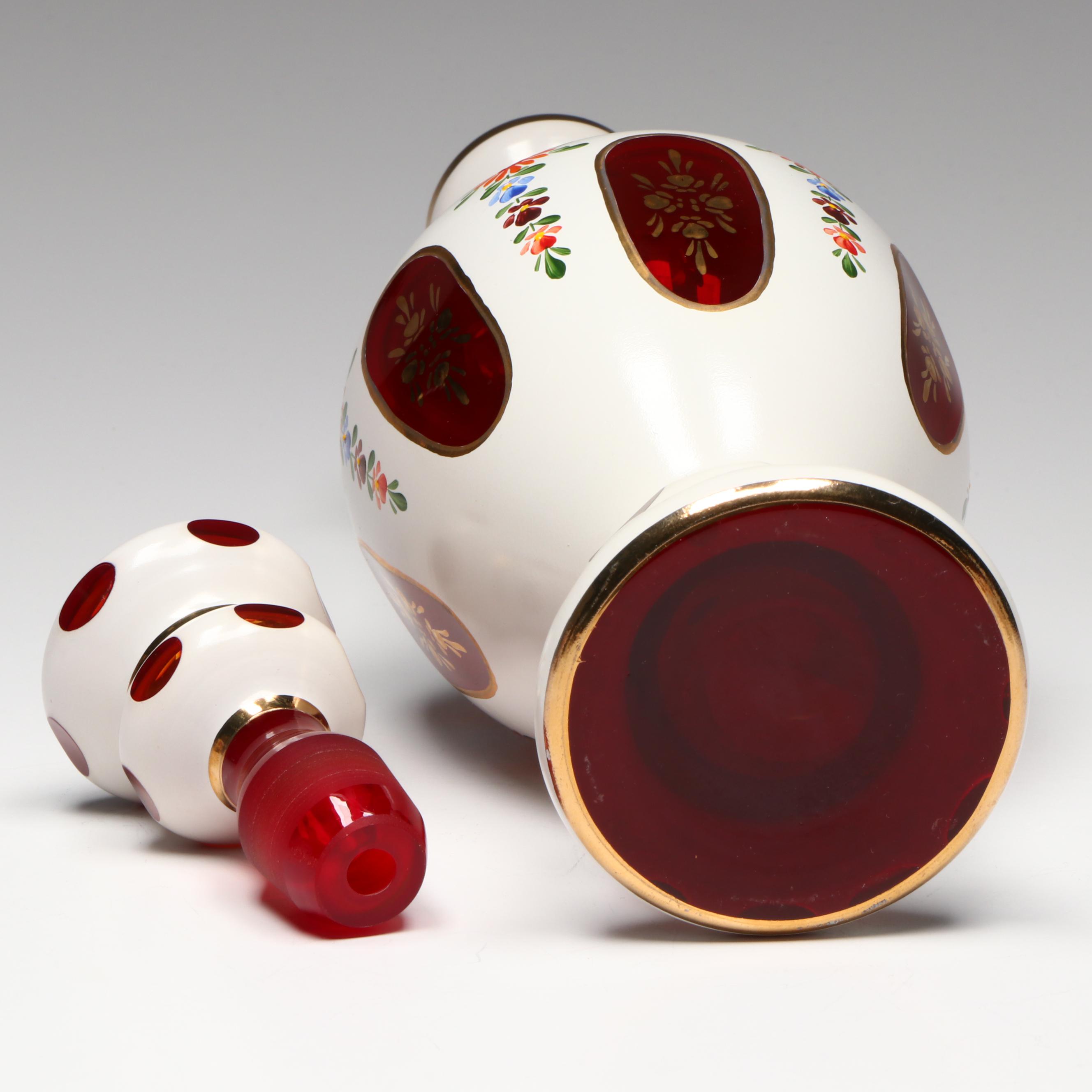 Bohemian Style Hand-Painted White Cut to Red Glass Decanter and Cups