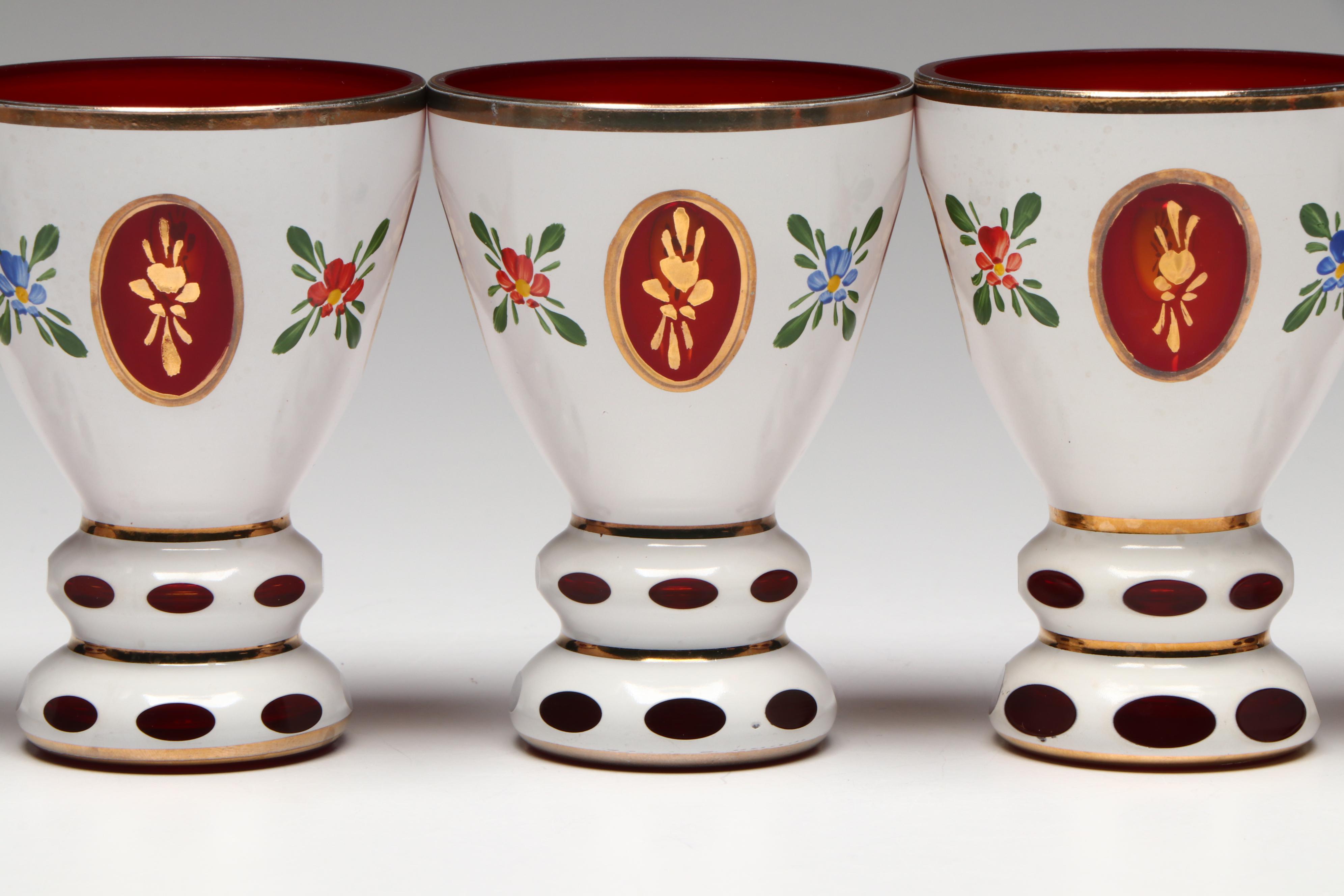 Bohemian Style Hand-Painted White Cut to Red Glass Decanter and Cups