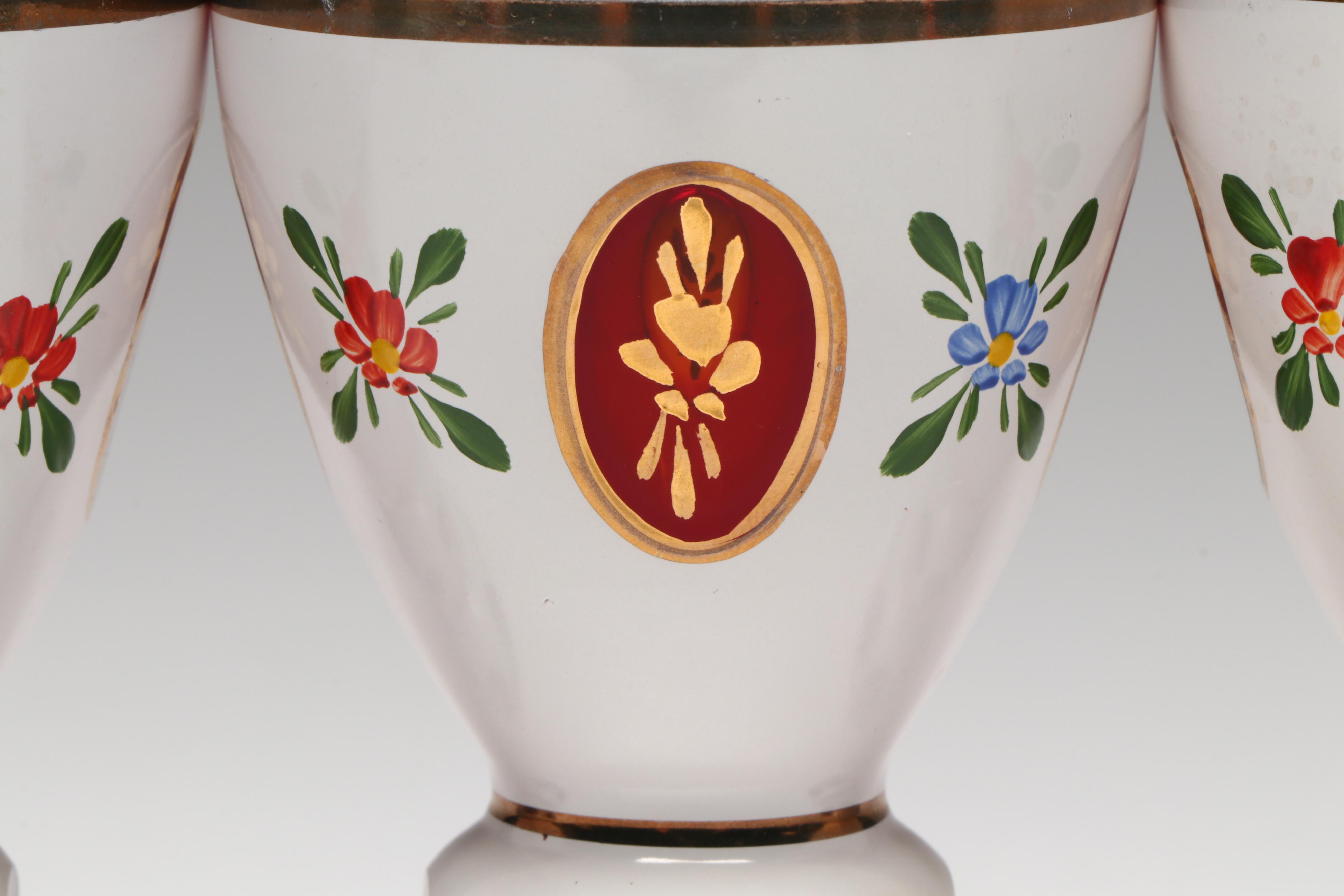 Bohemian Style Hand-Painted White Cut to Red Glass Decanter and Cups