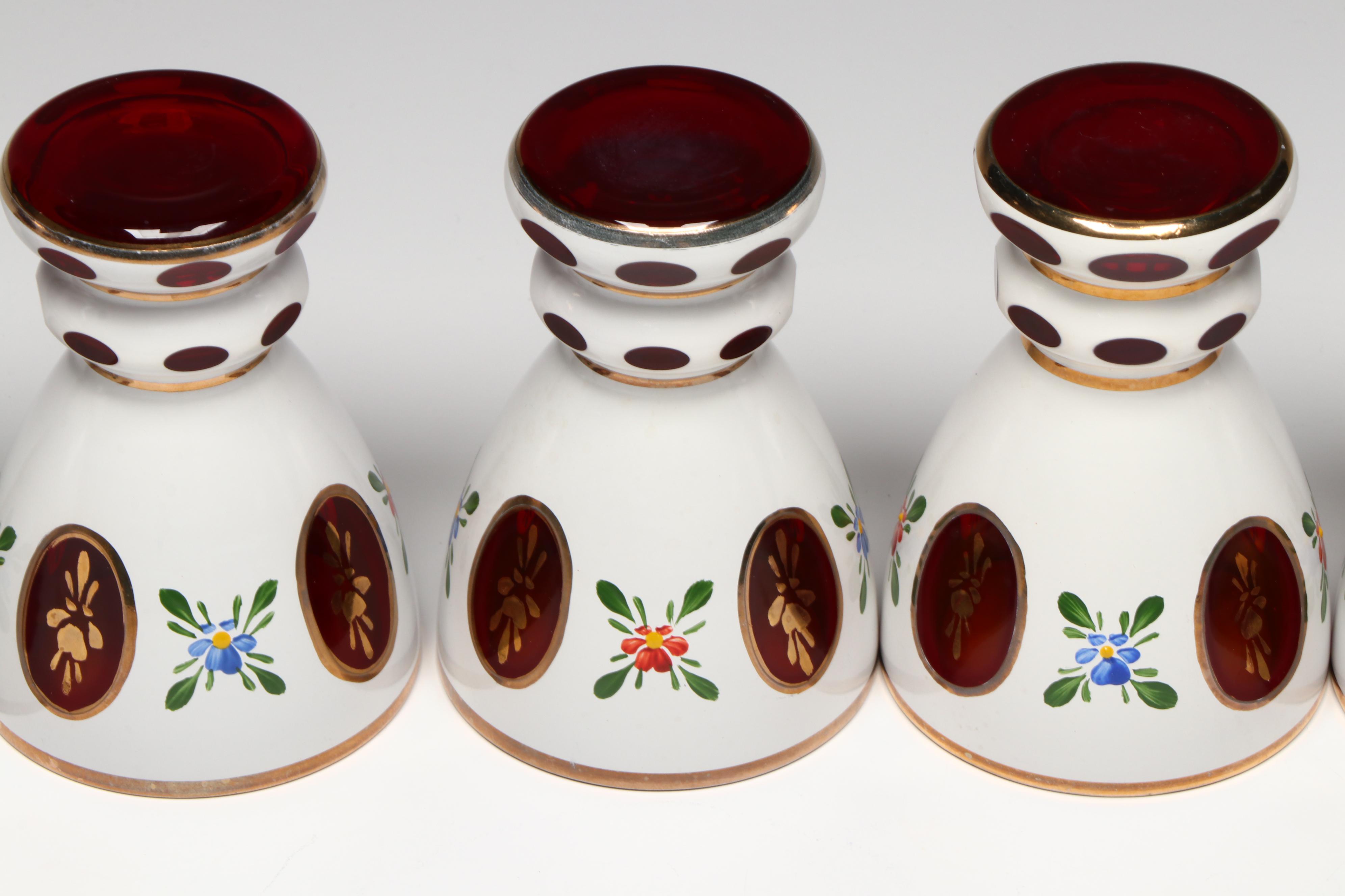 Bohemian Style Hand-Painted White Cut to Red Glass Decanter and Cups