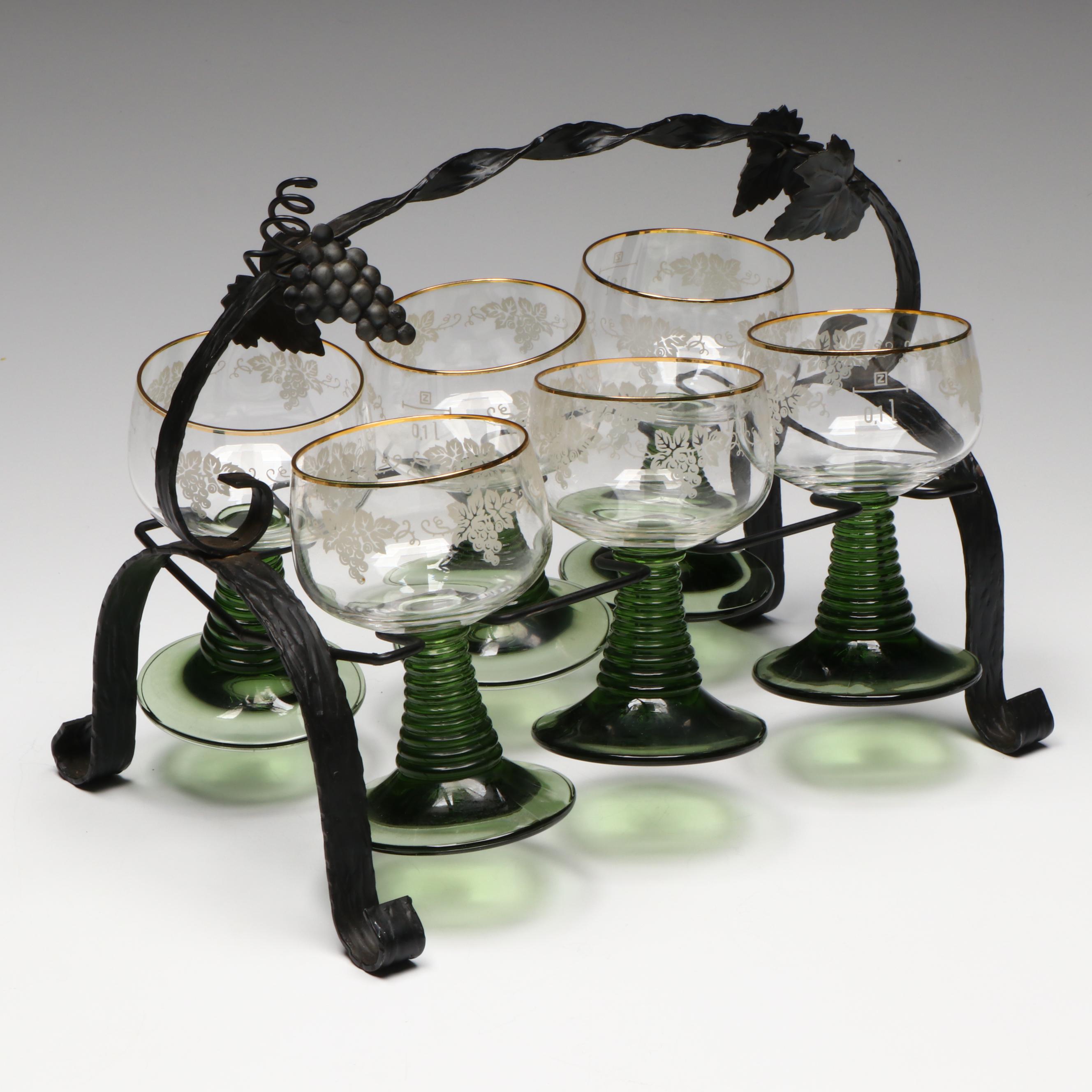 Beehive Stem Gold Rimmed Roemer Wine Glasses with Metal Rack