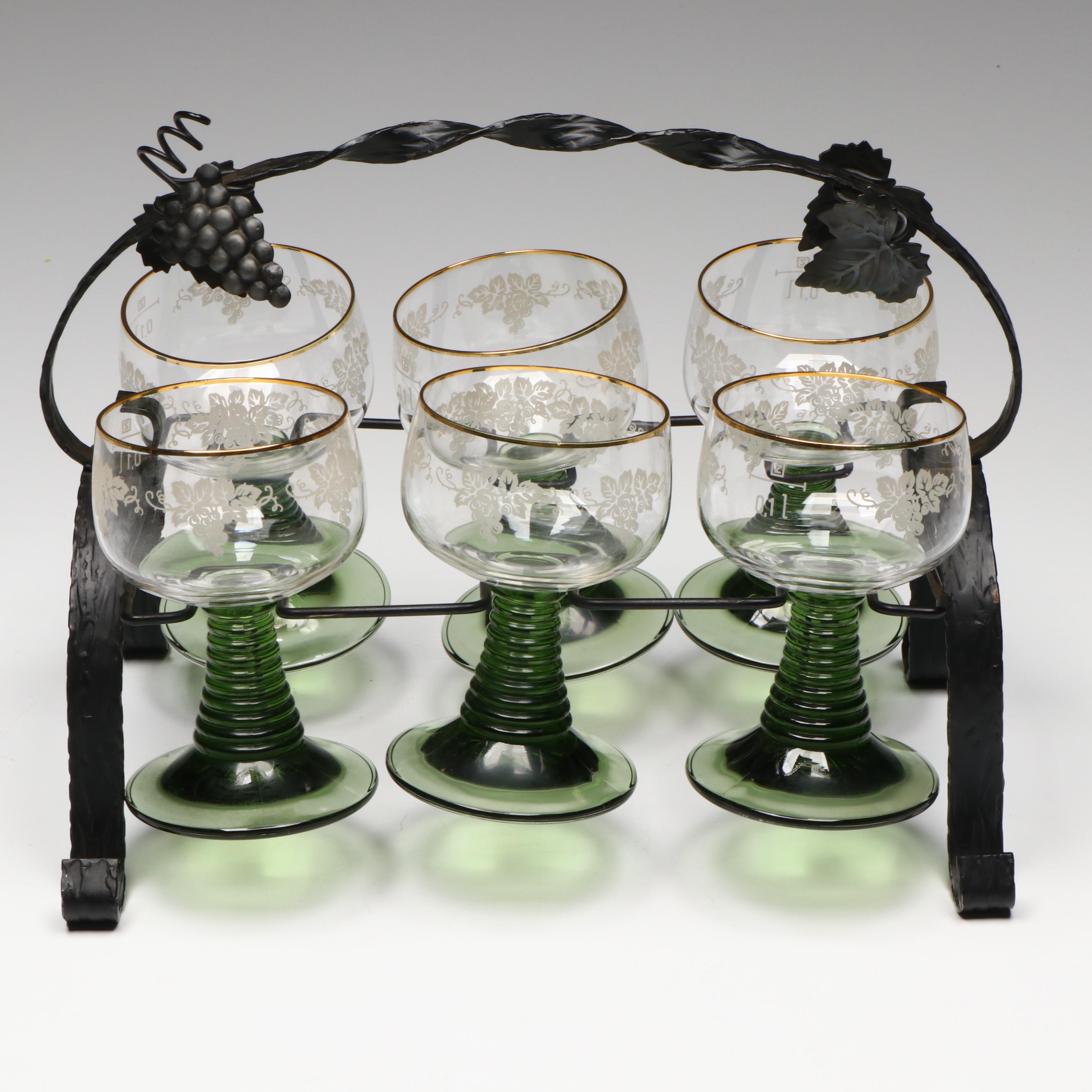 Beehive Stem Gold Rimmed Roemer Wine Glasses with Metal Rack