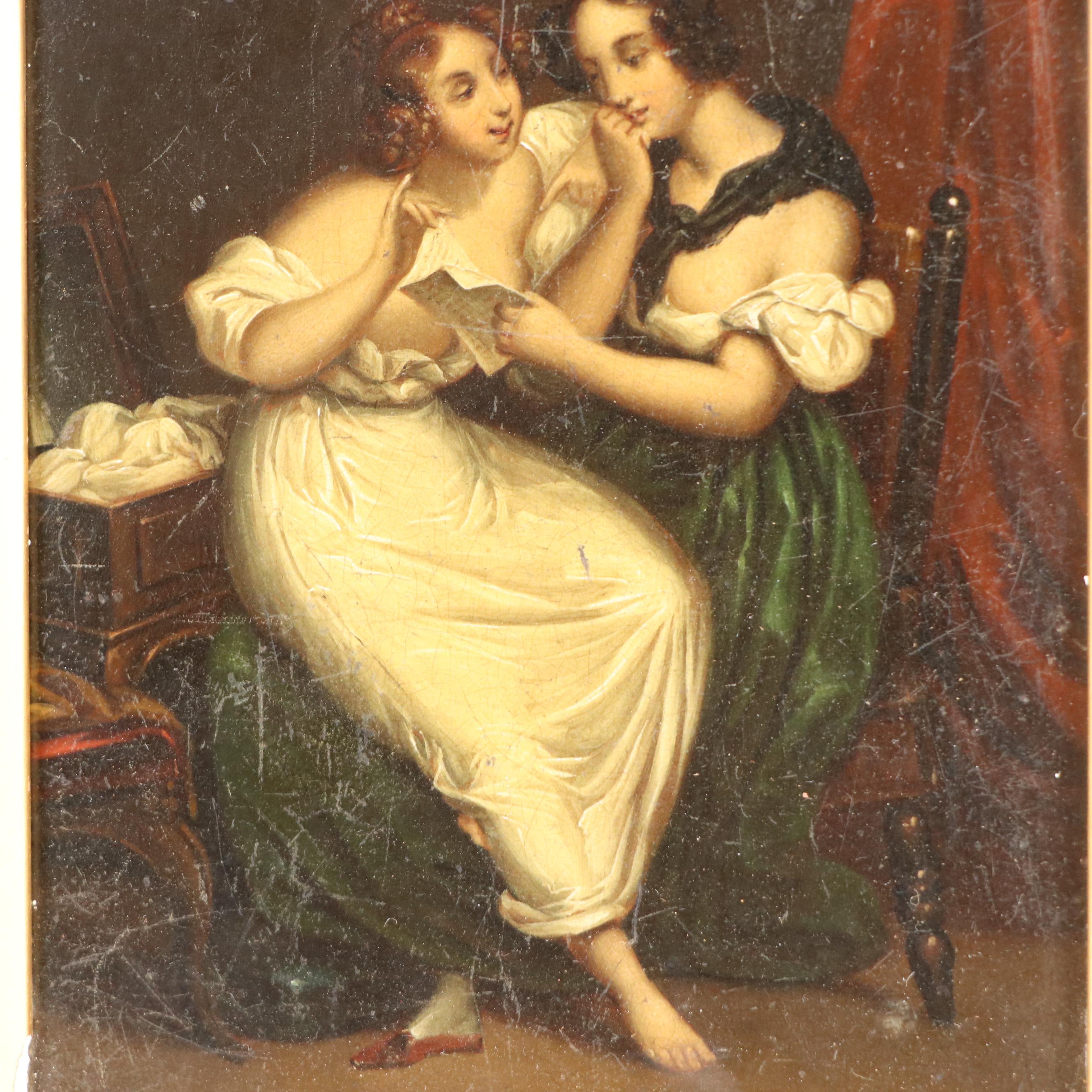 Genre Oil Painting of Two Women Looking at Document, 19th Century