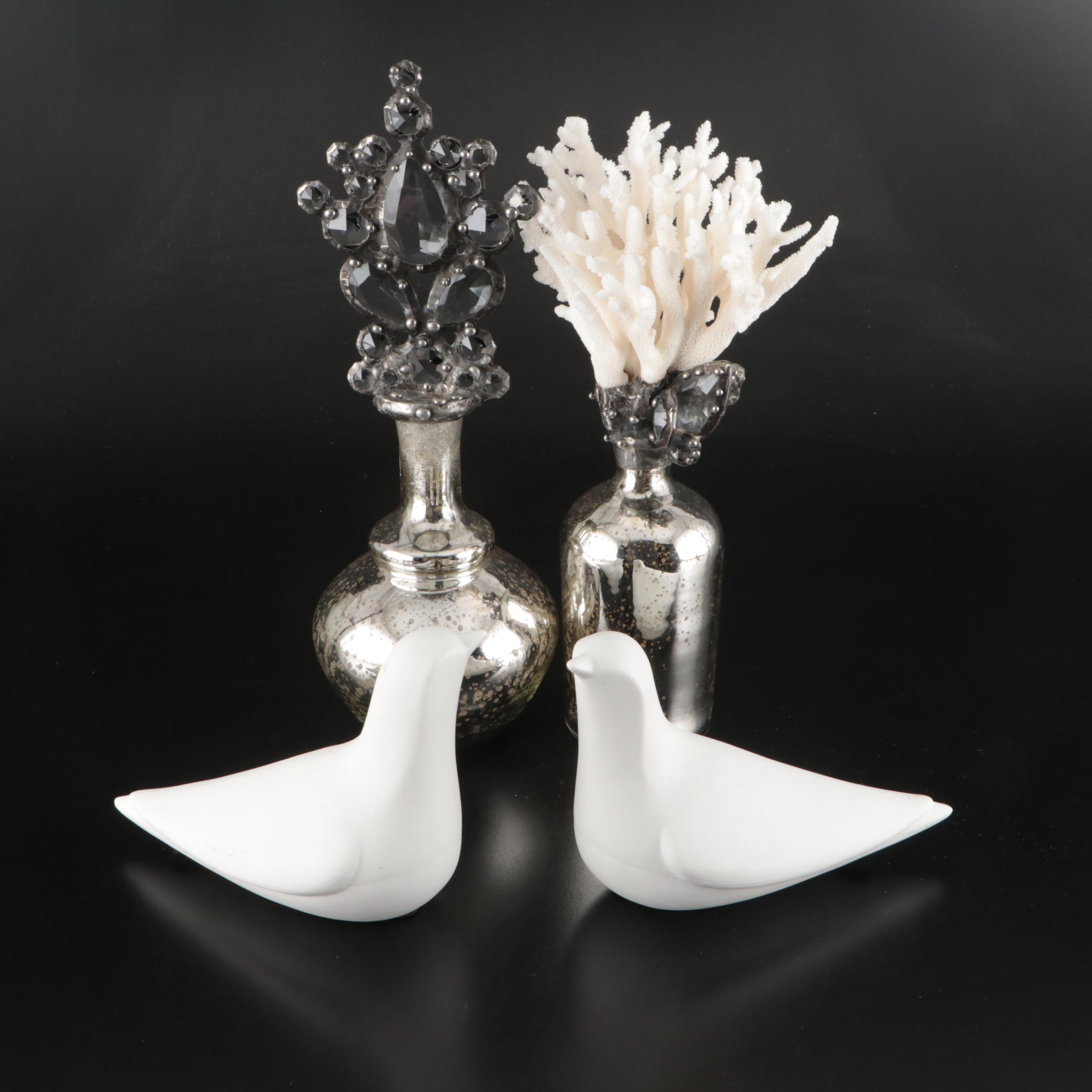 Mercury Glass Bottles with Acrylic & Fossil Coral Stopper, Ceramic Bird Figures