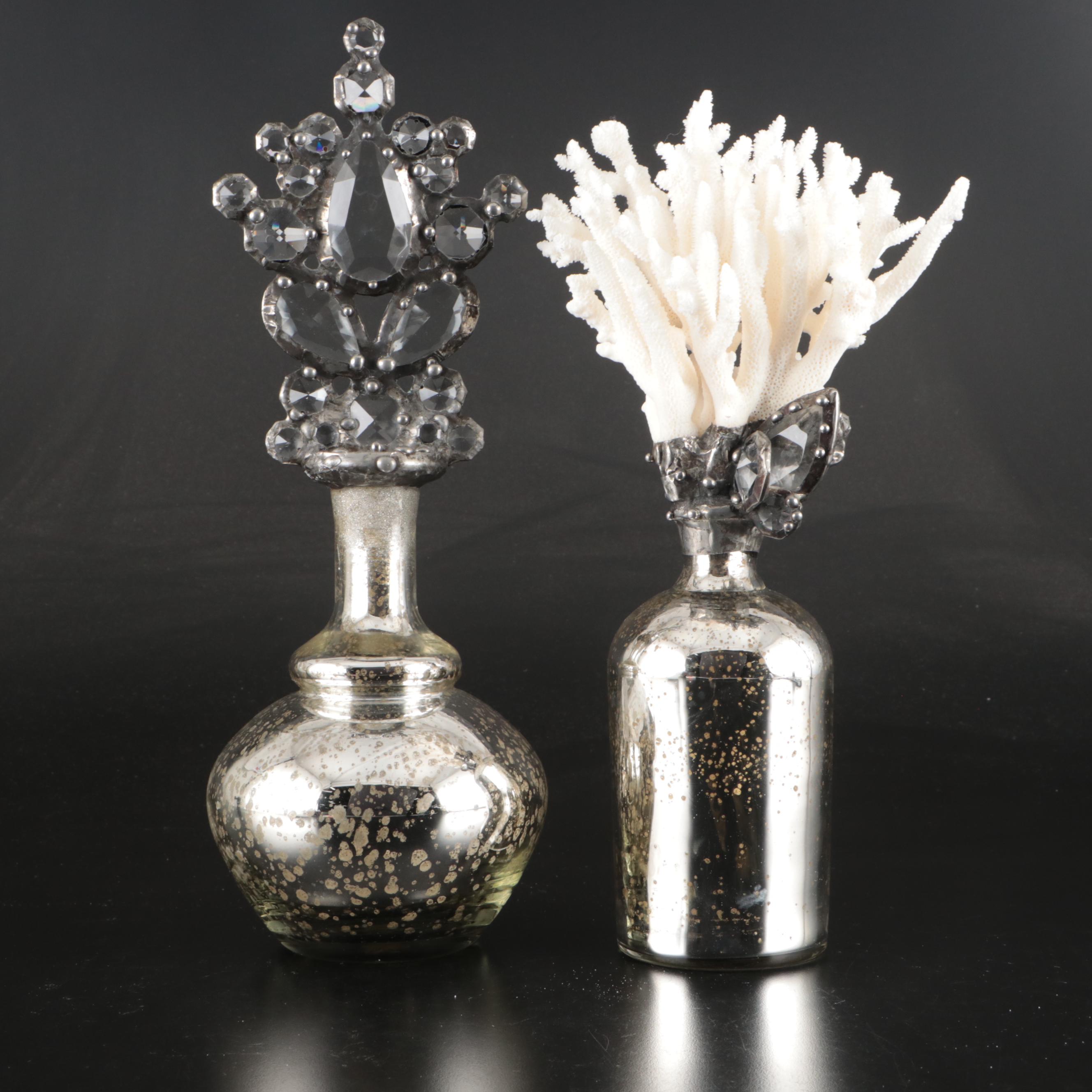 Mercury Glass Bottles with Acrylic & Fossil Coral Stopper, Ceramic Bird Figures