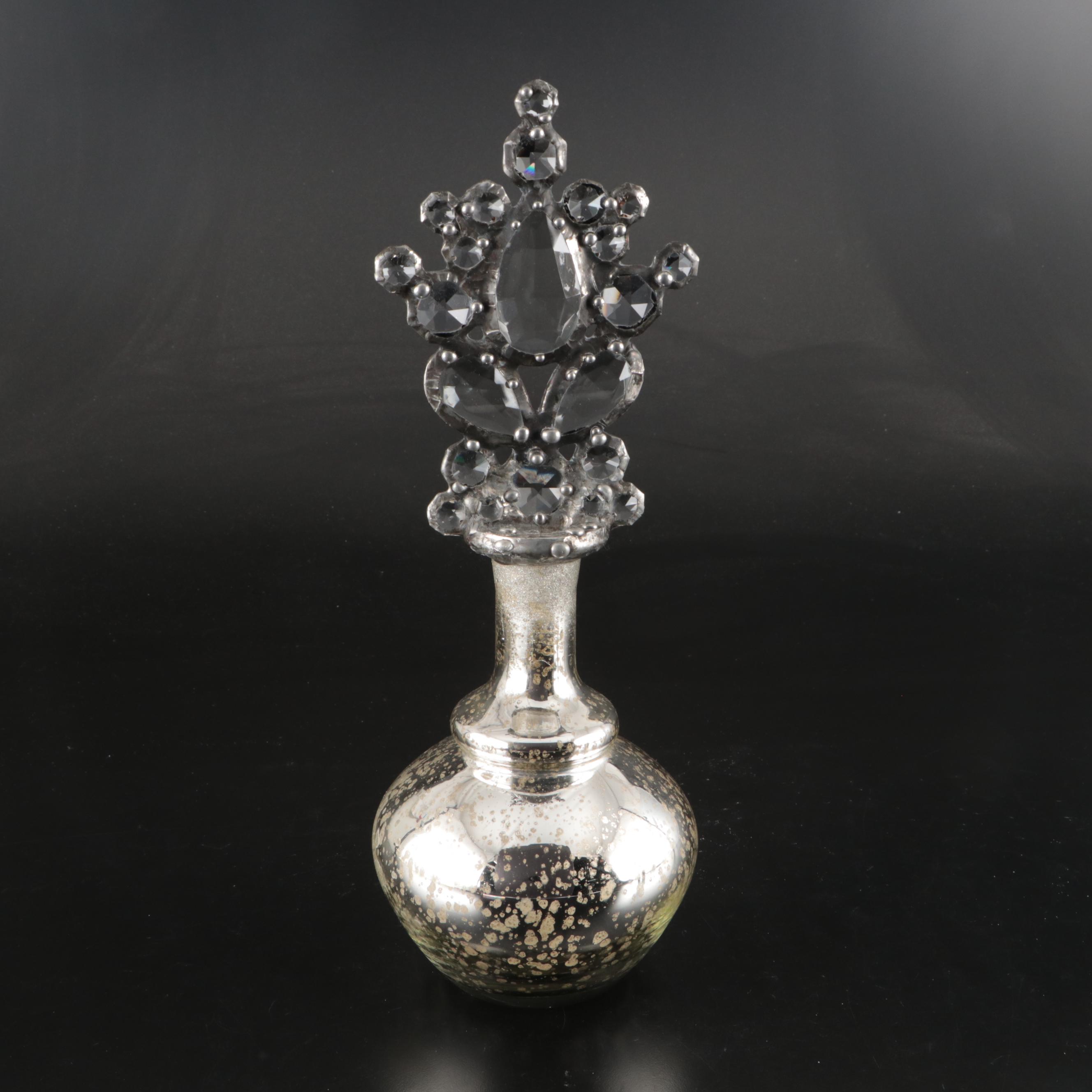 Mercury Glass Bottles with Acrylic & Fossil Coral Stopper, Ceramic Bird Figures