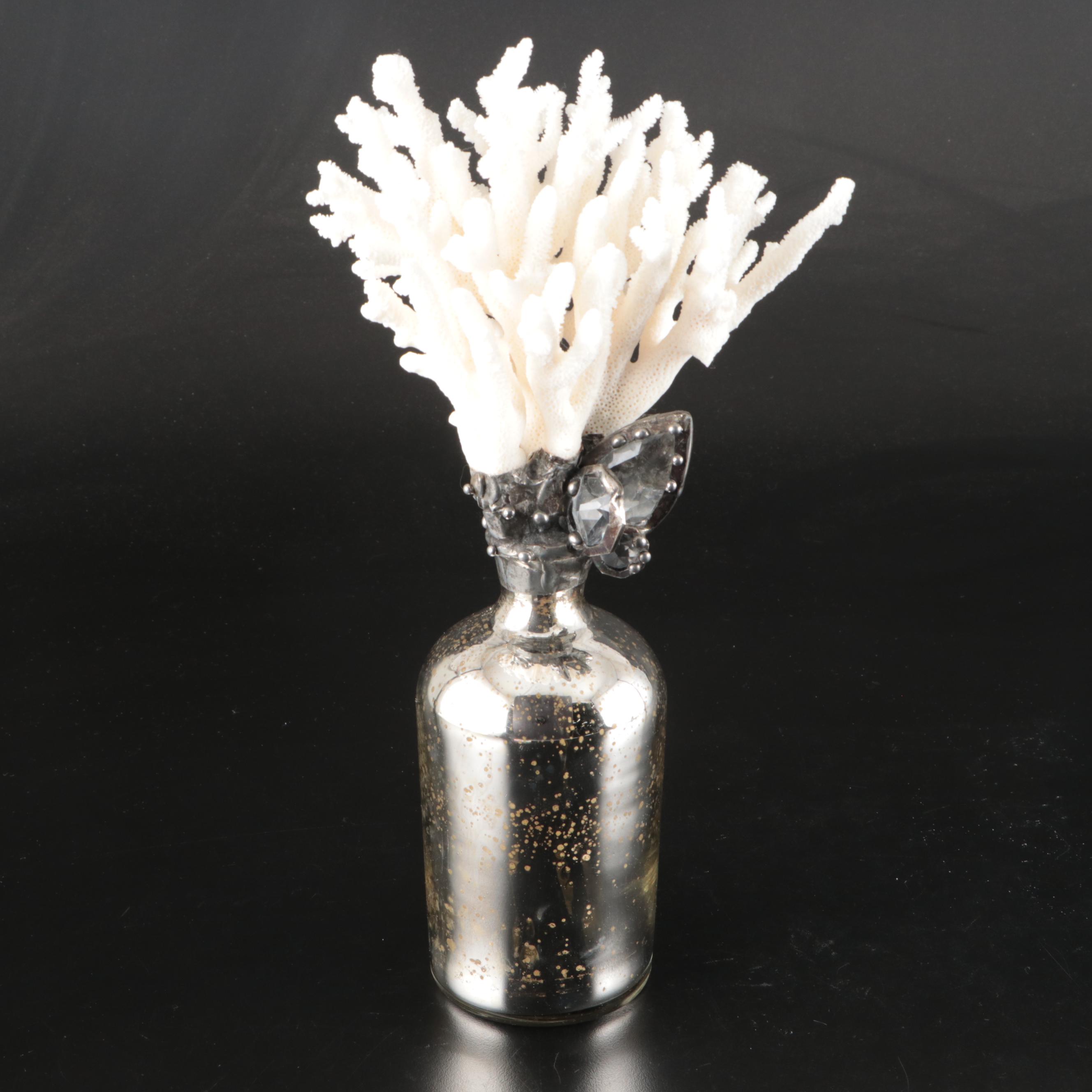 Mercury Glass Bottles with Acrylic & Fossil Coral Stopper, Ceramic Bird Figures