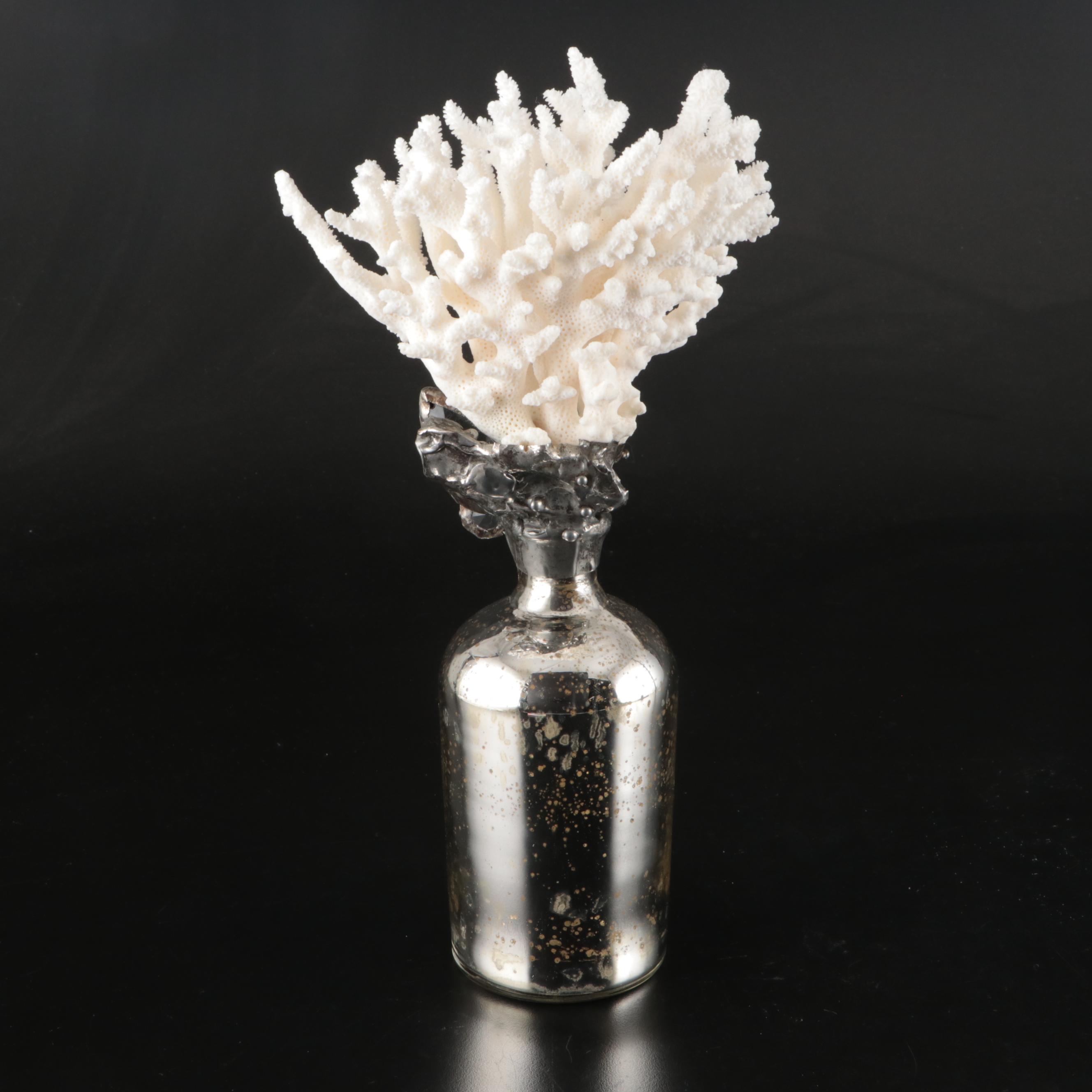 Mercury Glass Bottles with Acrylic & Fossil Coral Stopper, Ceramic Bird Figures