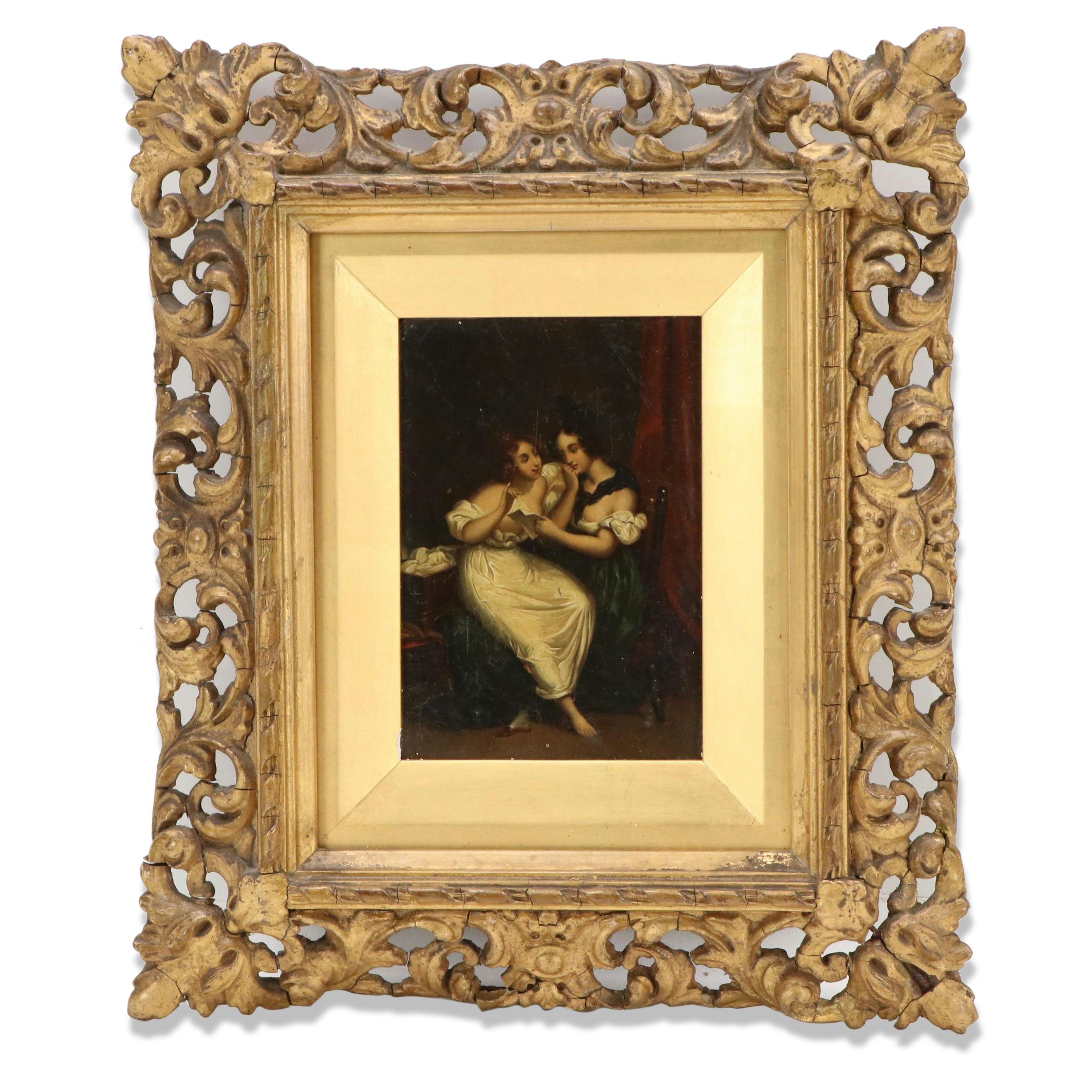 Genre Oil Painting of Two Women Looking at Document, 19th Century