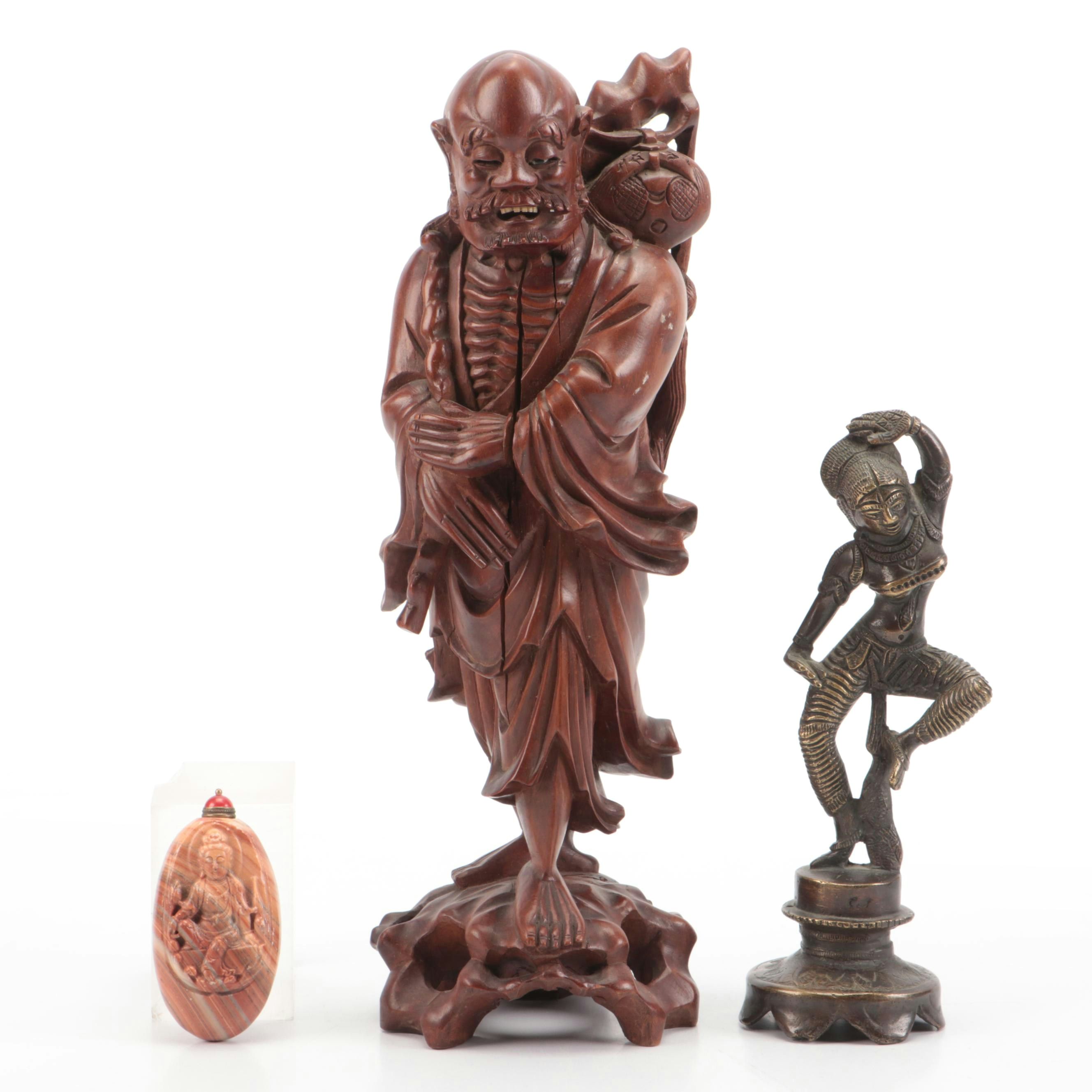 Chinese Carved Immortal Figure with Hindu Devi Goddess and Calcite Snuff Bottle