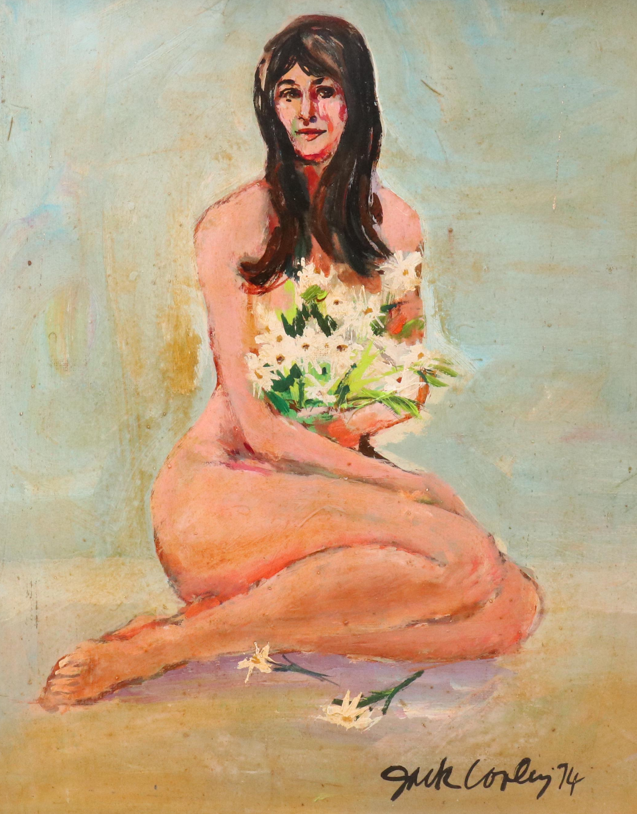 Jack Cooley Oil Painting with Nude Woman Holding Flowers, 1974