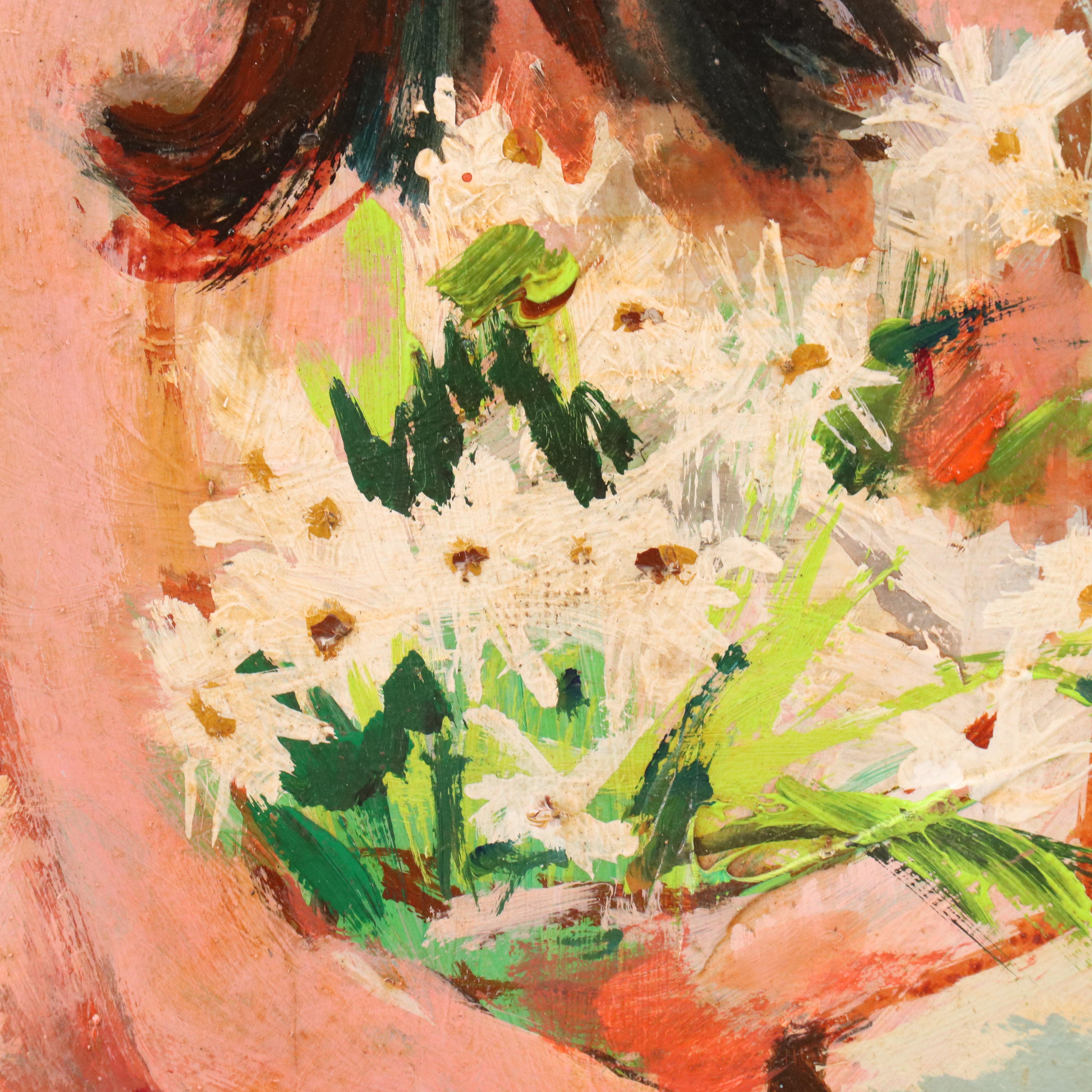 Jack Cooley Oil Painting with Nude Woman Holding Flowers, 1974