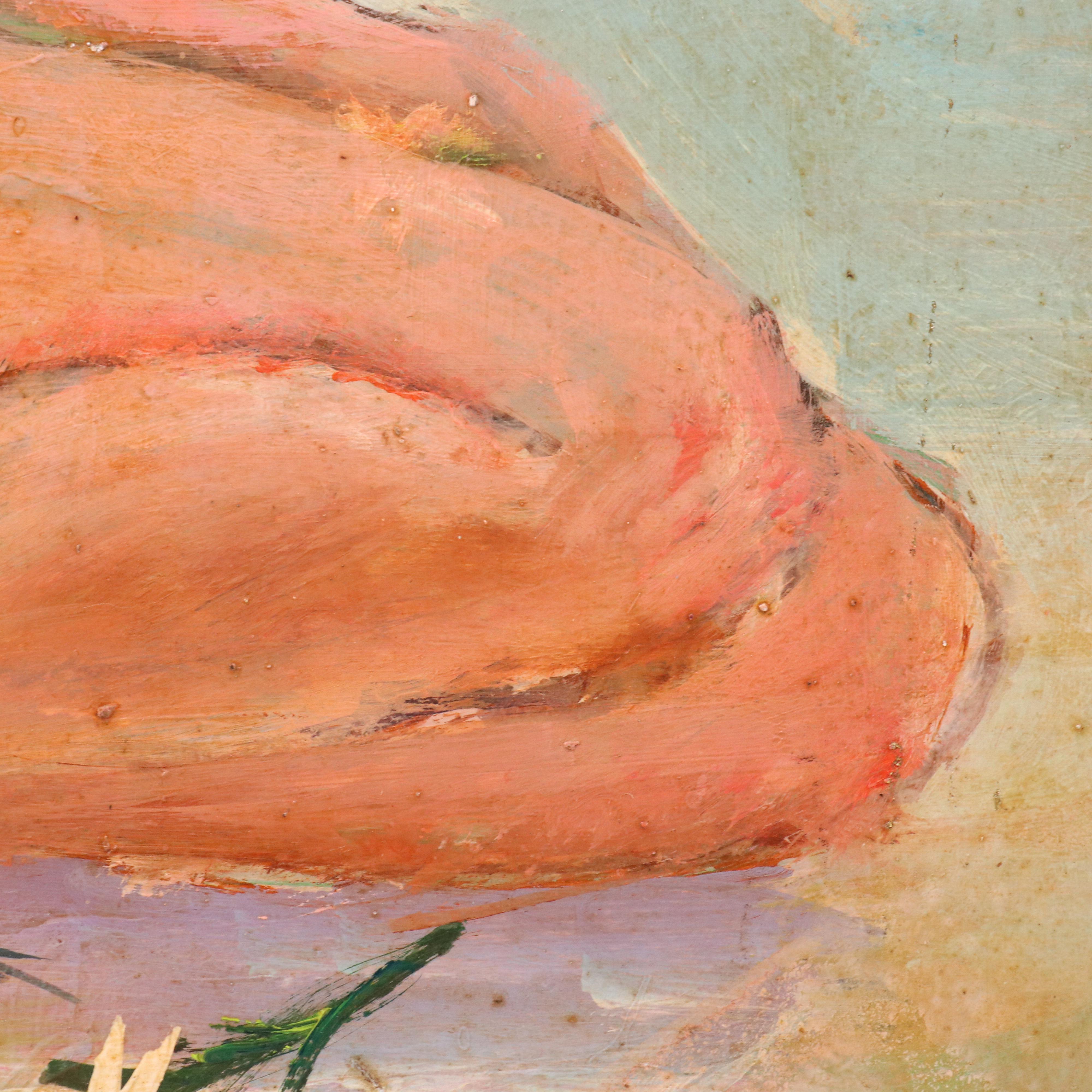 Jack Cooley Oil Painting with Nude Woman Holding Flowers, 1974