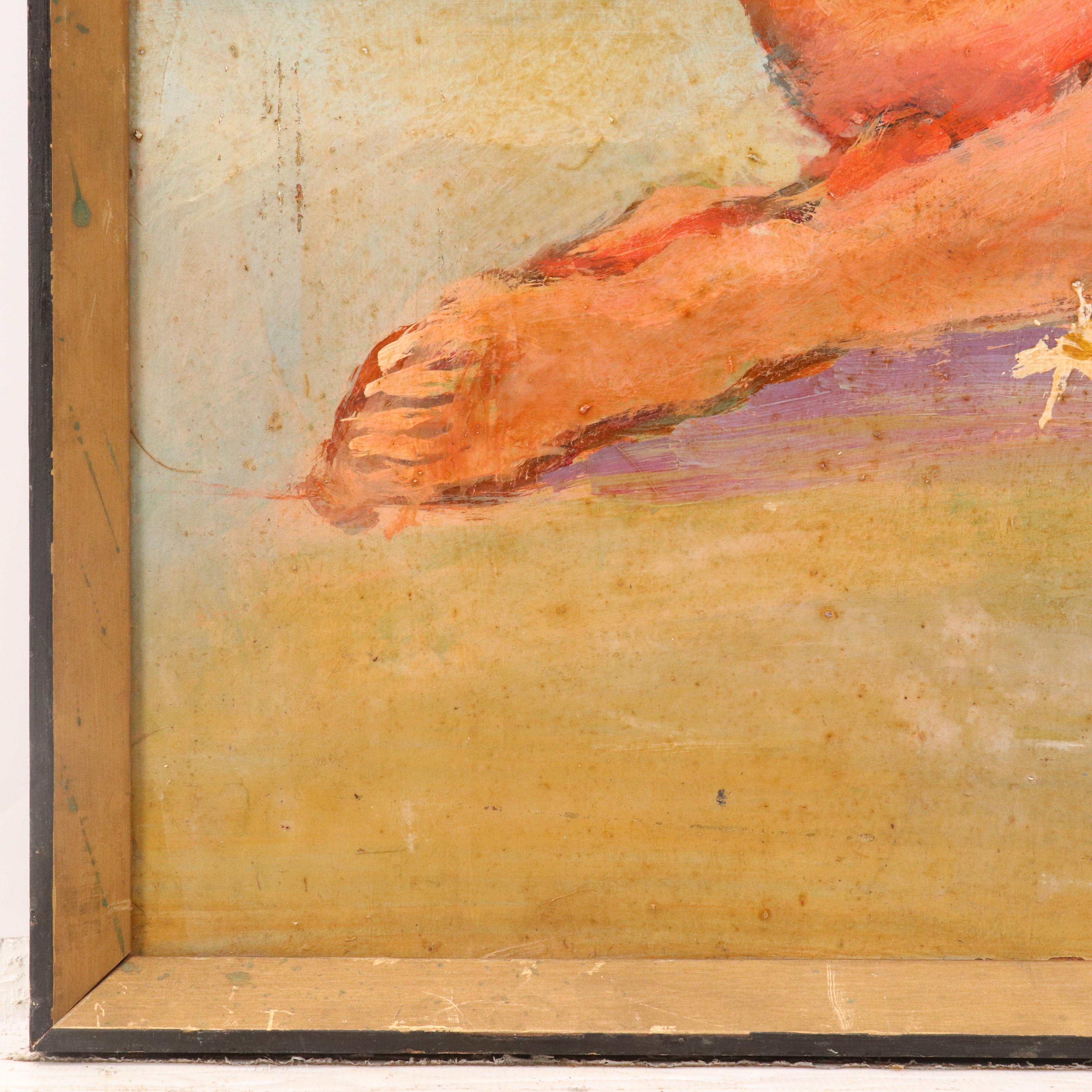 Jack Cooley Oil Painting with Nude Woman Holding Flowers, 1974