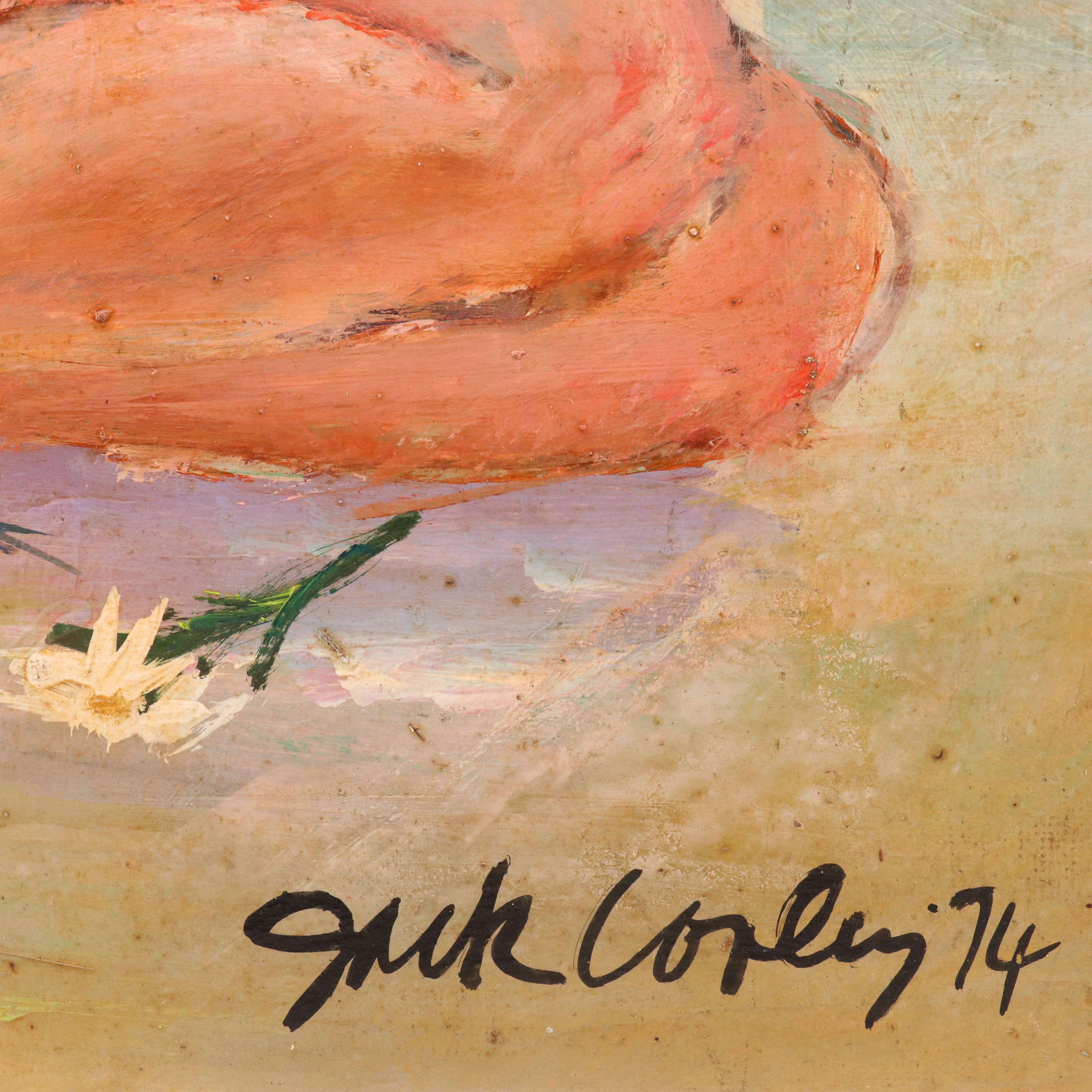 Jack Cooley Oil Painting with Nude Woman Holding Flowers, 1974