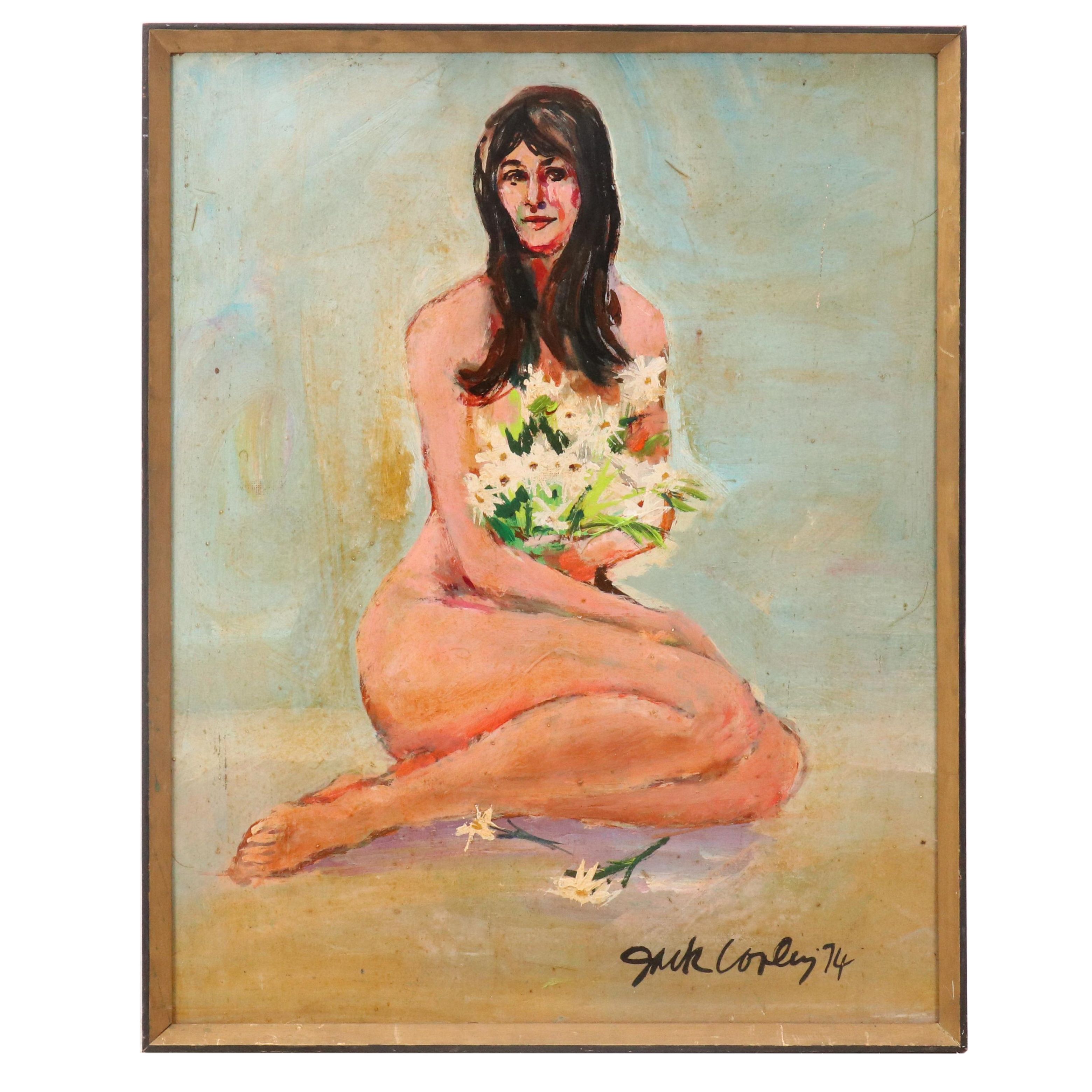 Jack Cooley Oil Painting with Nude Woman Holding Flowers, 1974