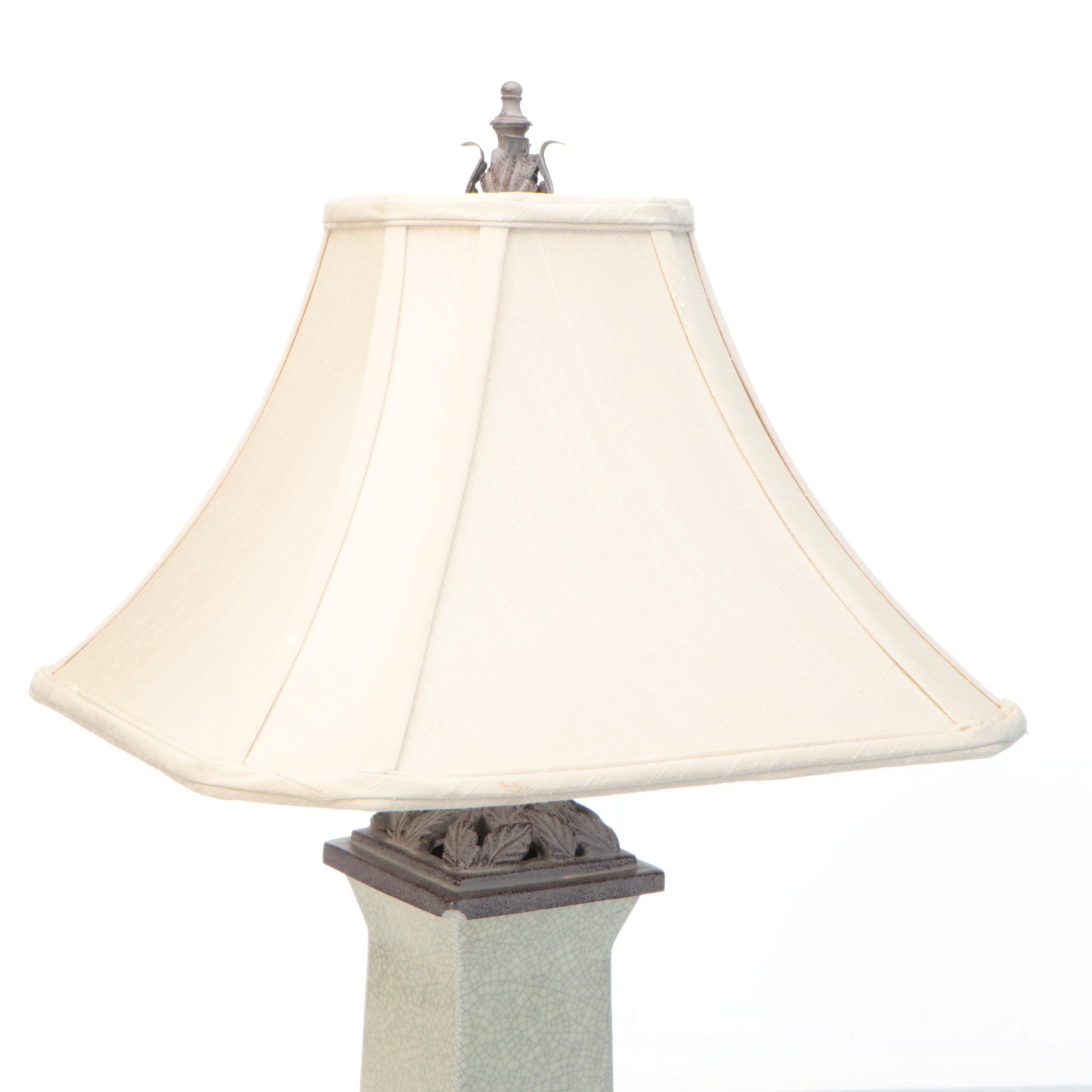 Crackle Glaze Finish Ceramic and Metal Table Lamp with Silk Shade