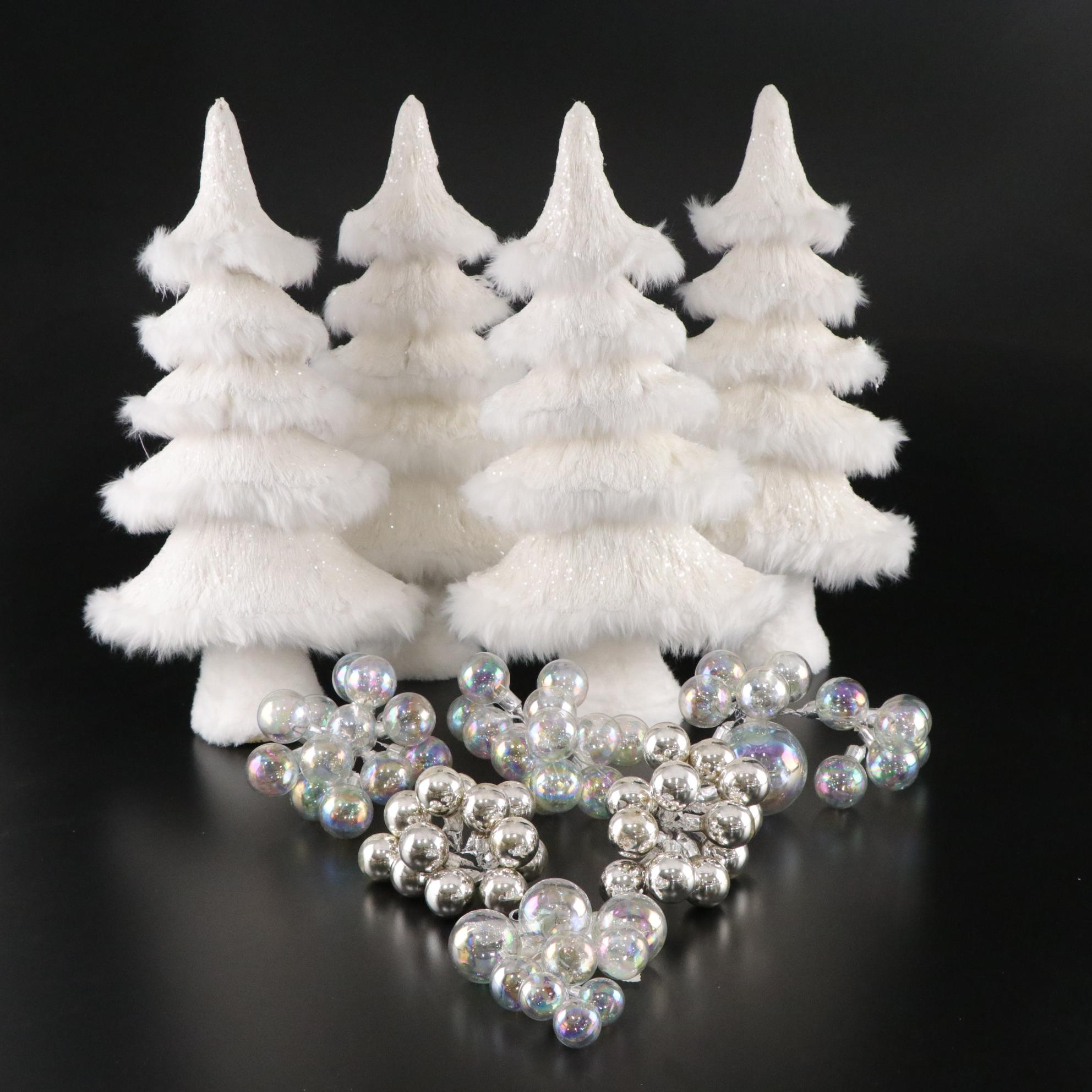 Frosted White Fluffy Christmas Trees with Ornamental Iridescent Glass Bundles