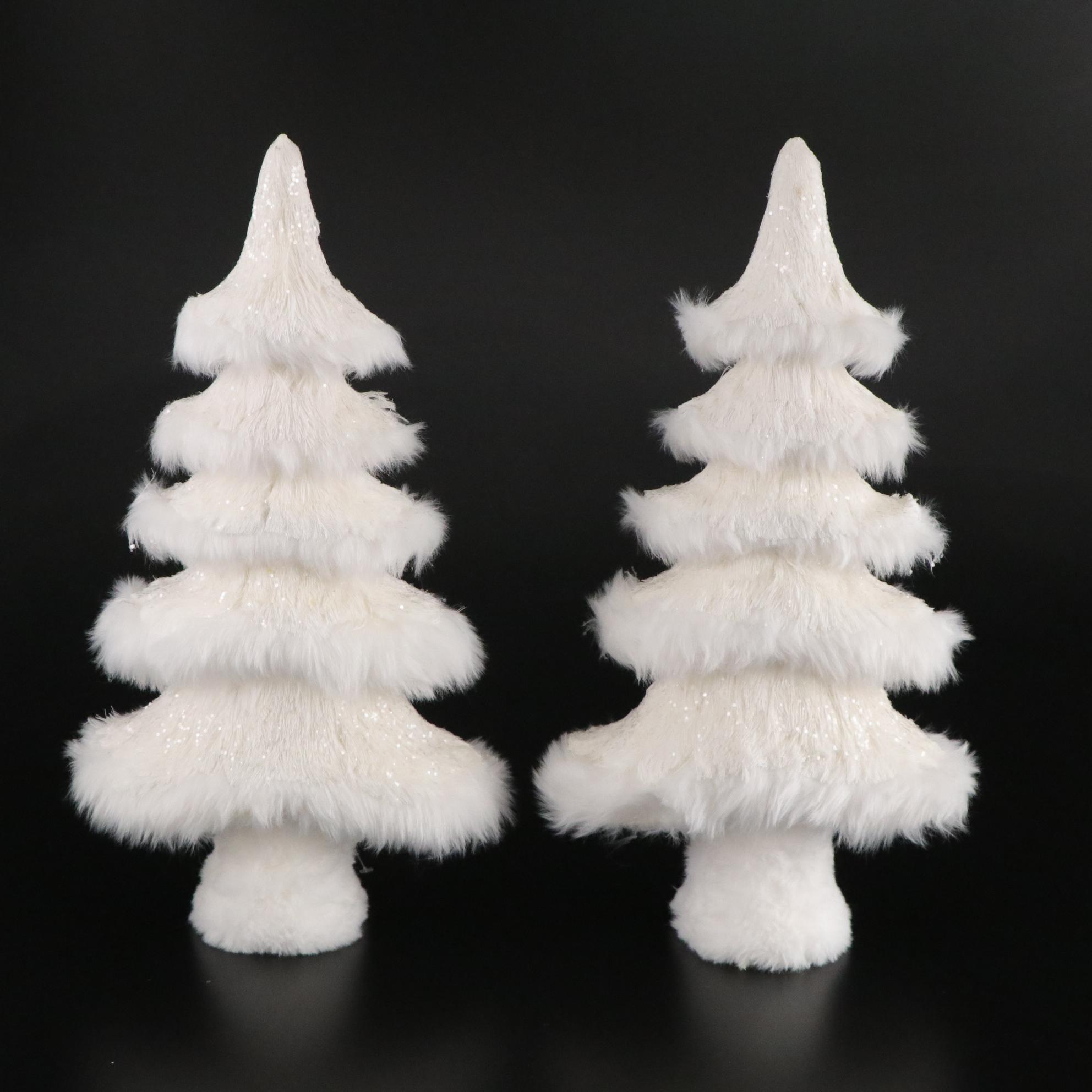 Frosted White Fluffy Christmas Trees with Ornamental Iridescent Glass Bundles