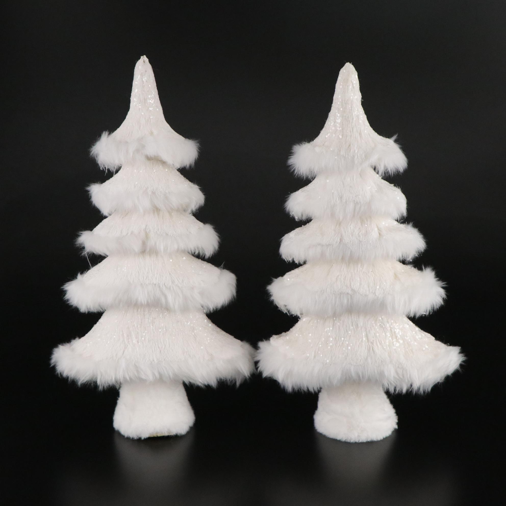 Frosted White Fluffy Christmas Trees with Ornamental Iridescent Glass Bundles