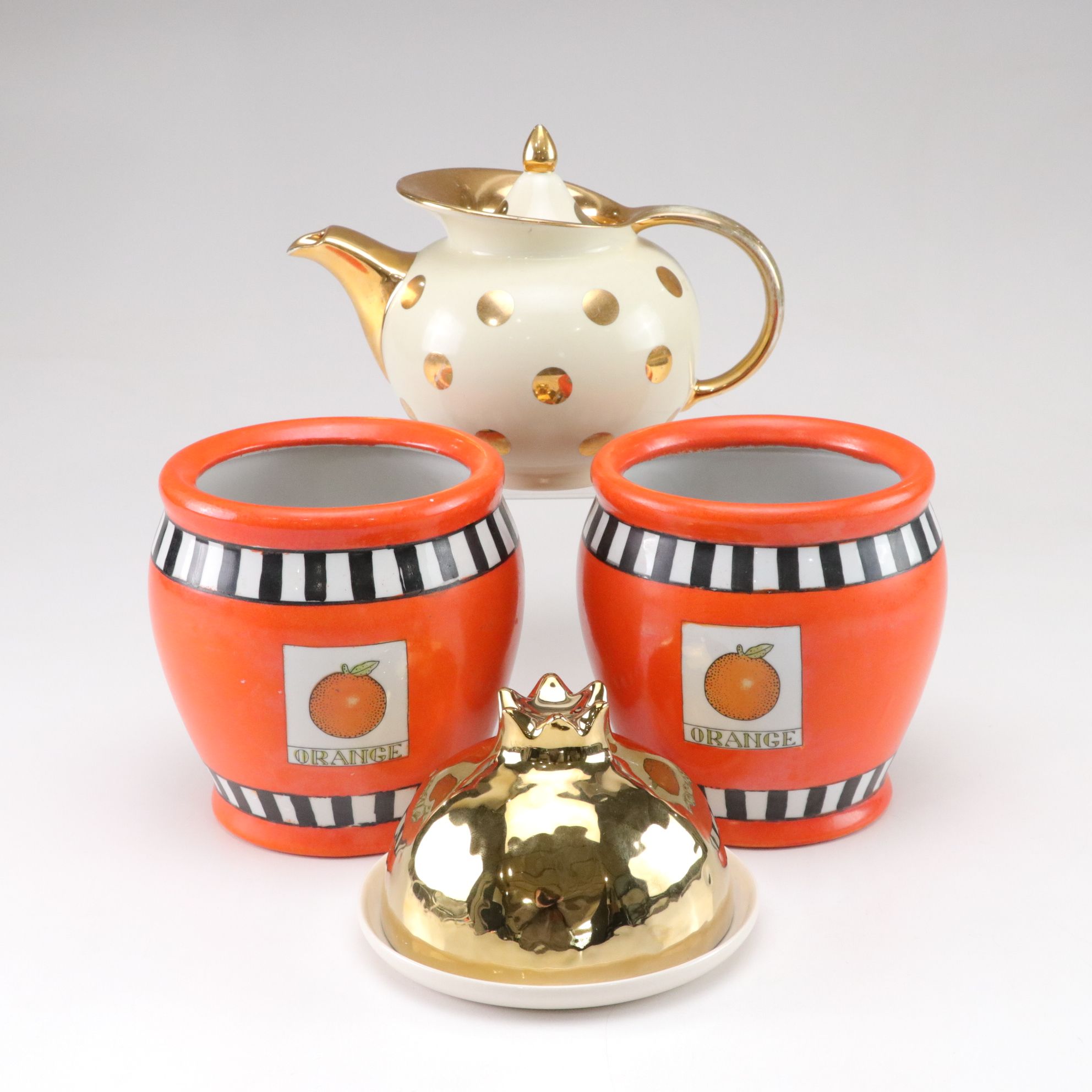 Anthropologie Pineapple Butter Dish with Orange Planters & Gilt Polka Dot Teapot